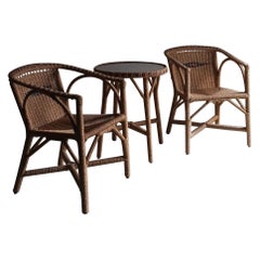 Woven Wicker Furniture Set Patio Garden, France 1970s
