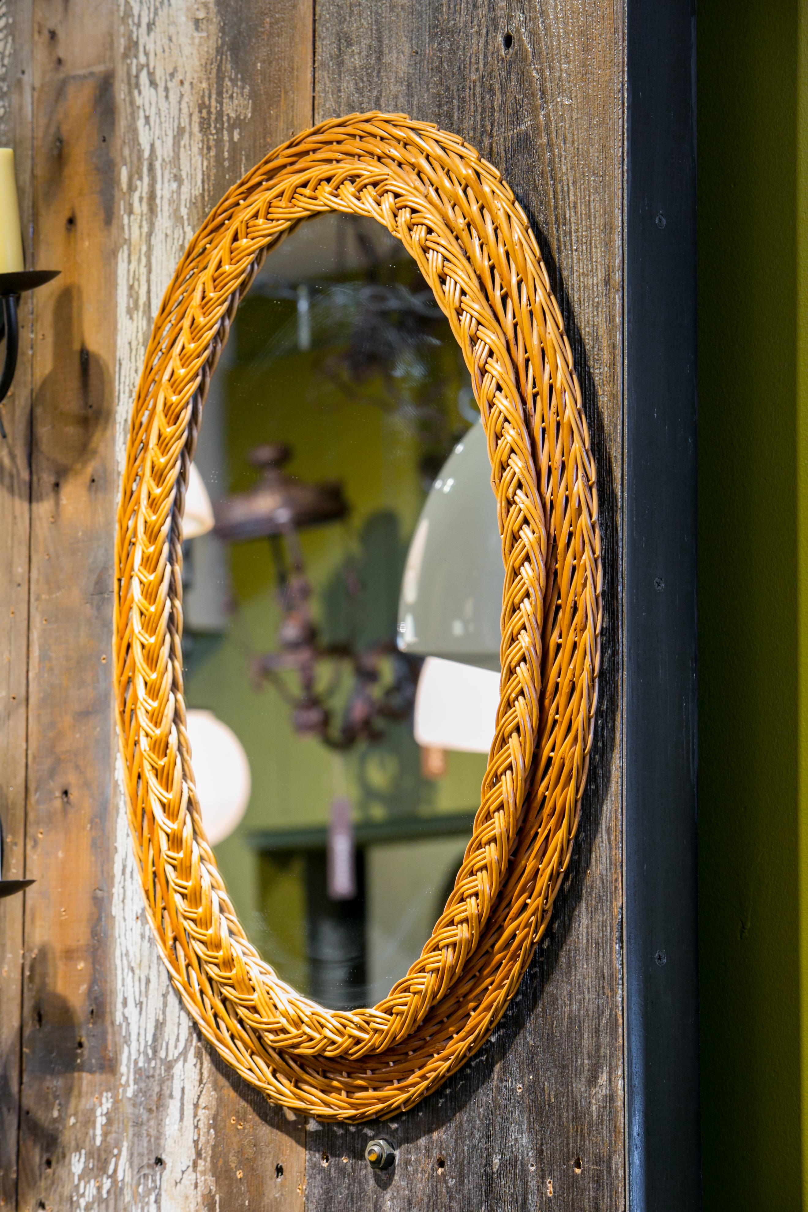 French Woven Wicker Oval Mirror from France
