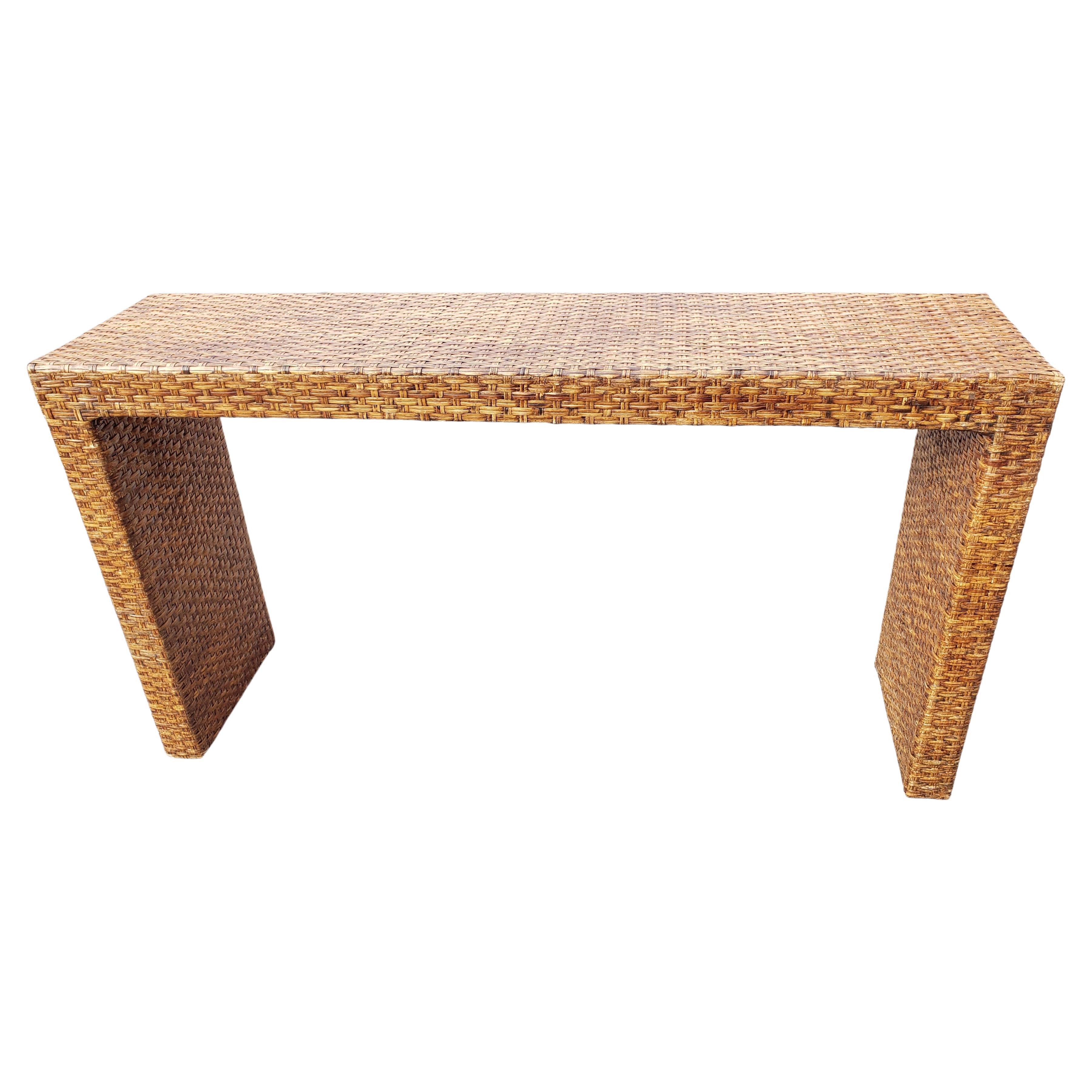Woven Wicker Parsons Style Console Table Sofa Table with Glass Top, Circa 1980s 2