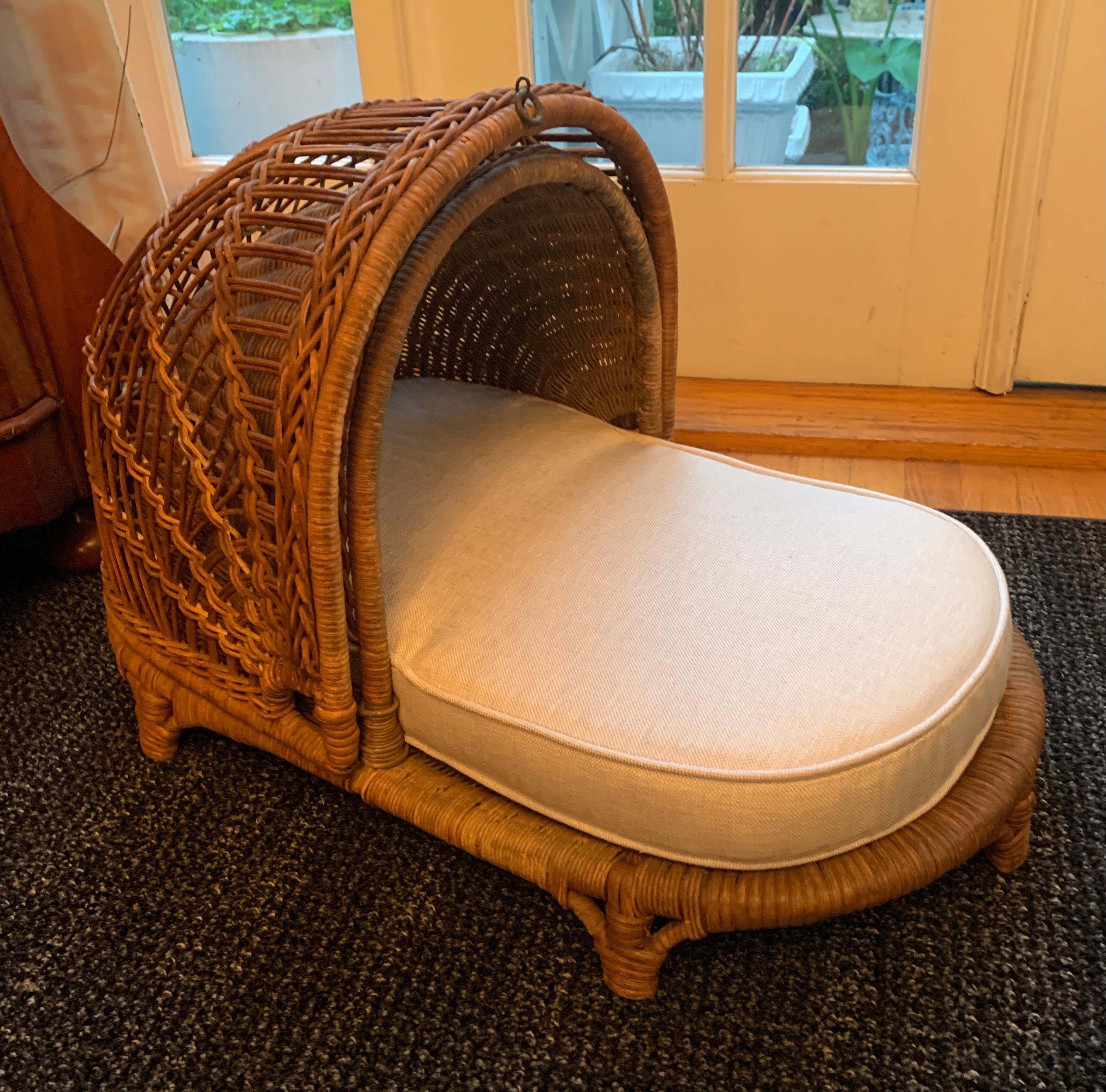 Woven wicker rattan dog bed with closing top and linen cushion - The vintage wicker piece has a custom linen pad. The top folds closed to move dog or store items. A very cleaver take on a vintage basket. Well suited for small dogs or