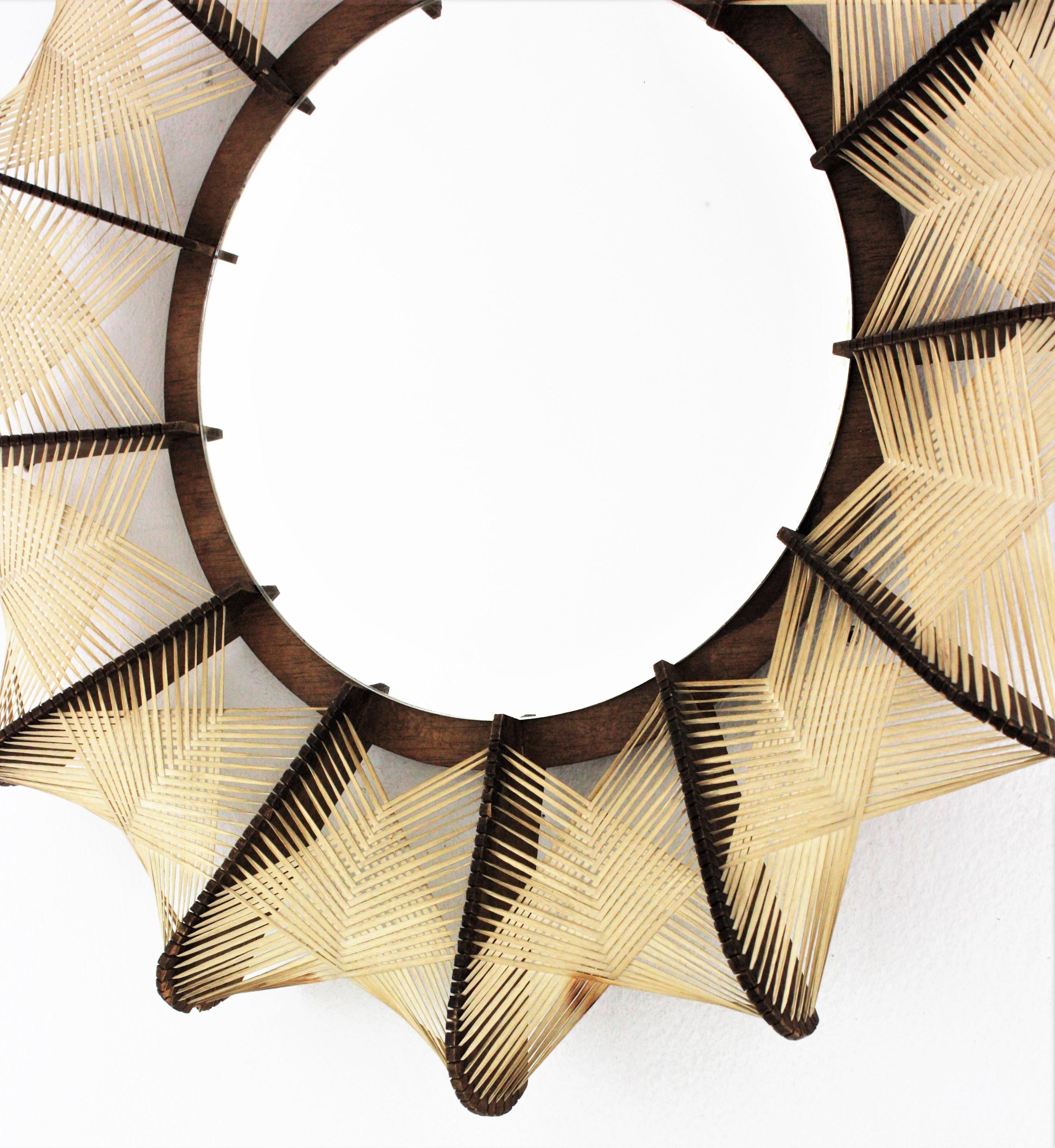 Woven Wicker Rattan Wooden Sunburst Mirror, 1960s For Sale 3