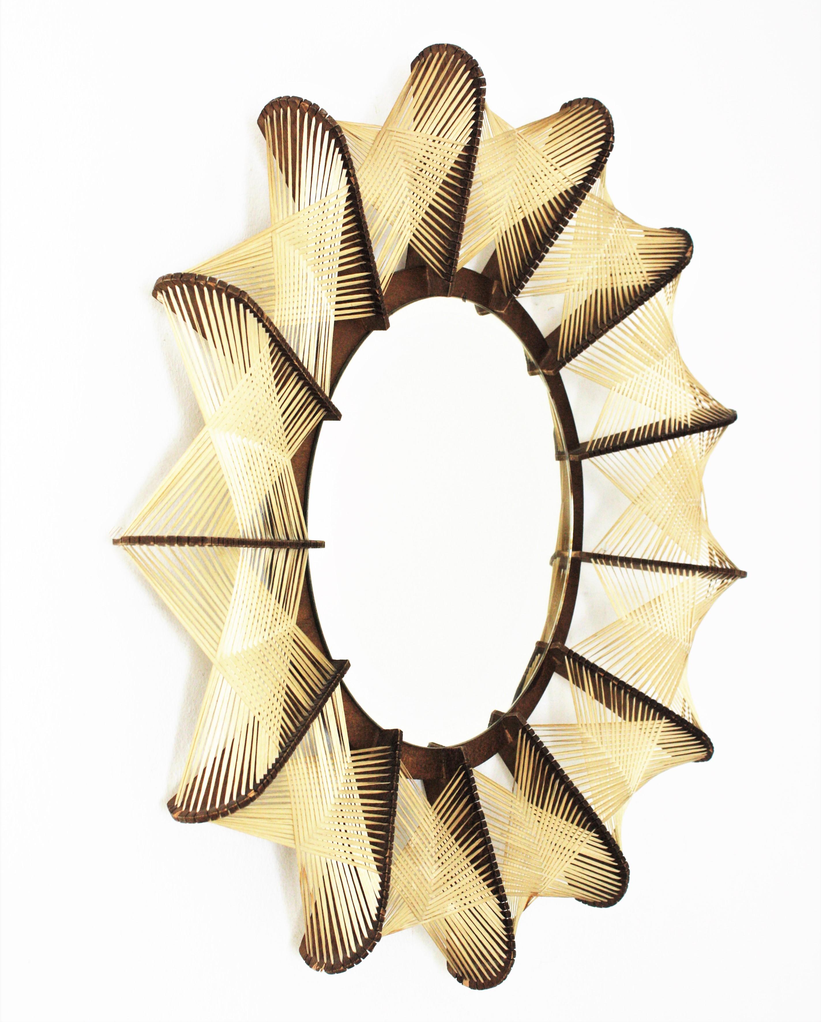 French Woven Wicker Rattan Wooden Sunburst Mirror, 1960s For Sale