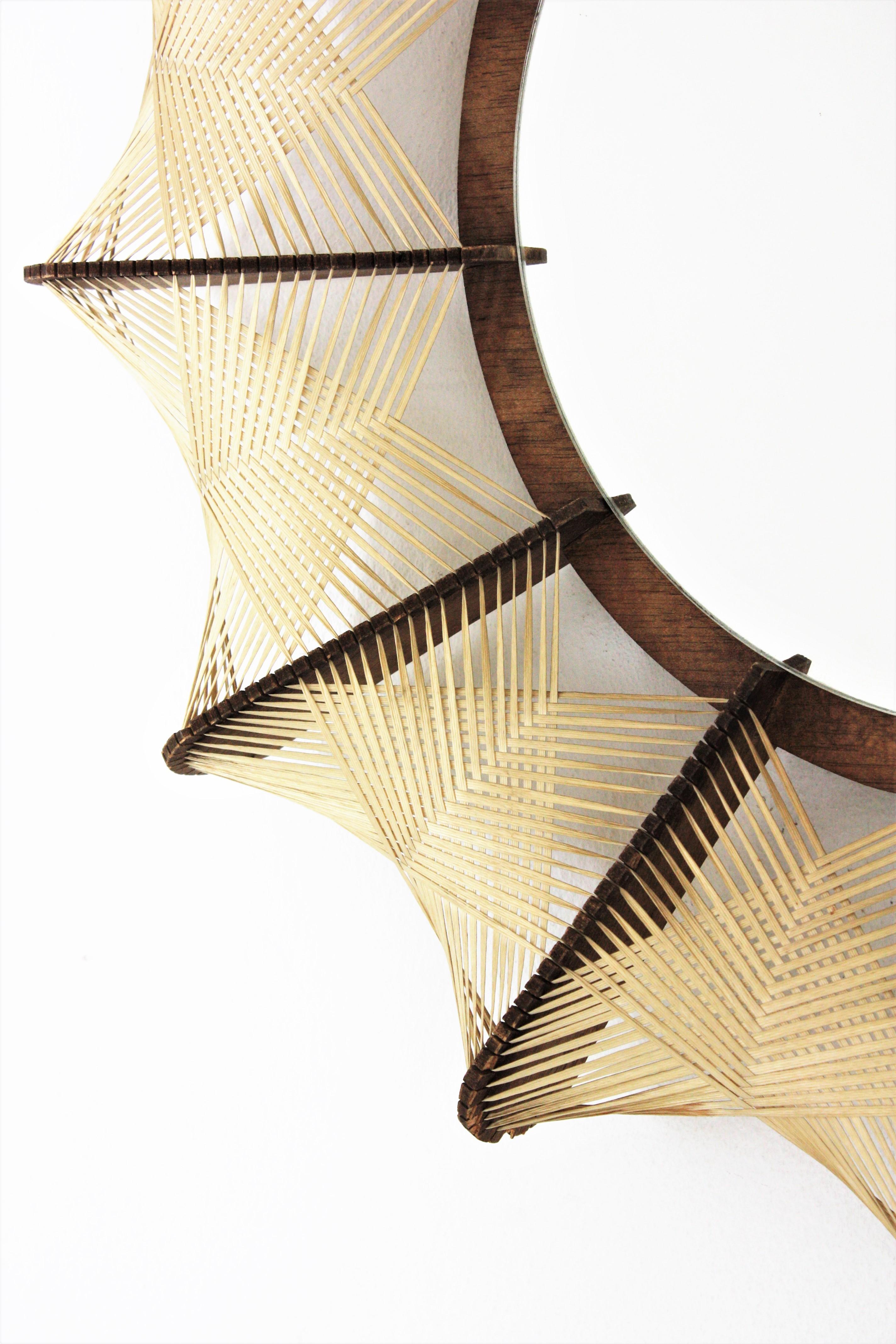 Woven Wicker Rattan Wooden Sunburst Mirror, 1960s For Sale 1