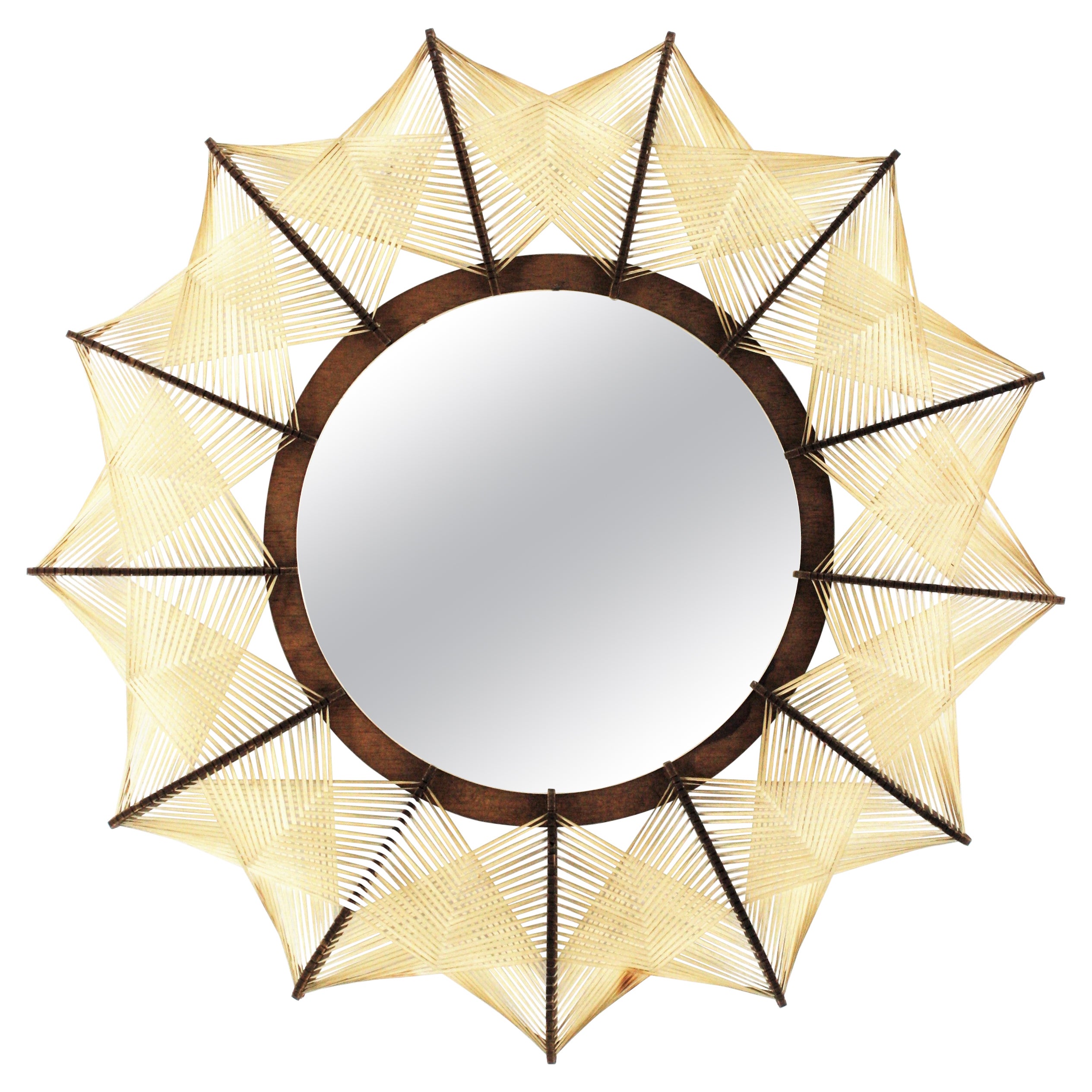 Woven Wicker Rattan Wooden Sunburst Mirror, 1960s