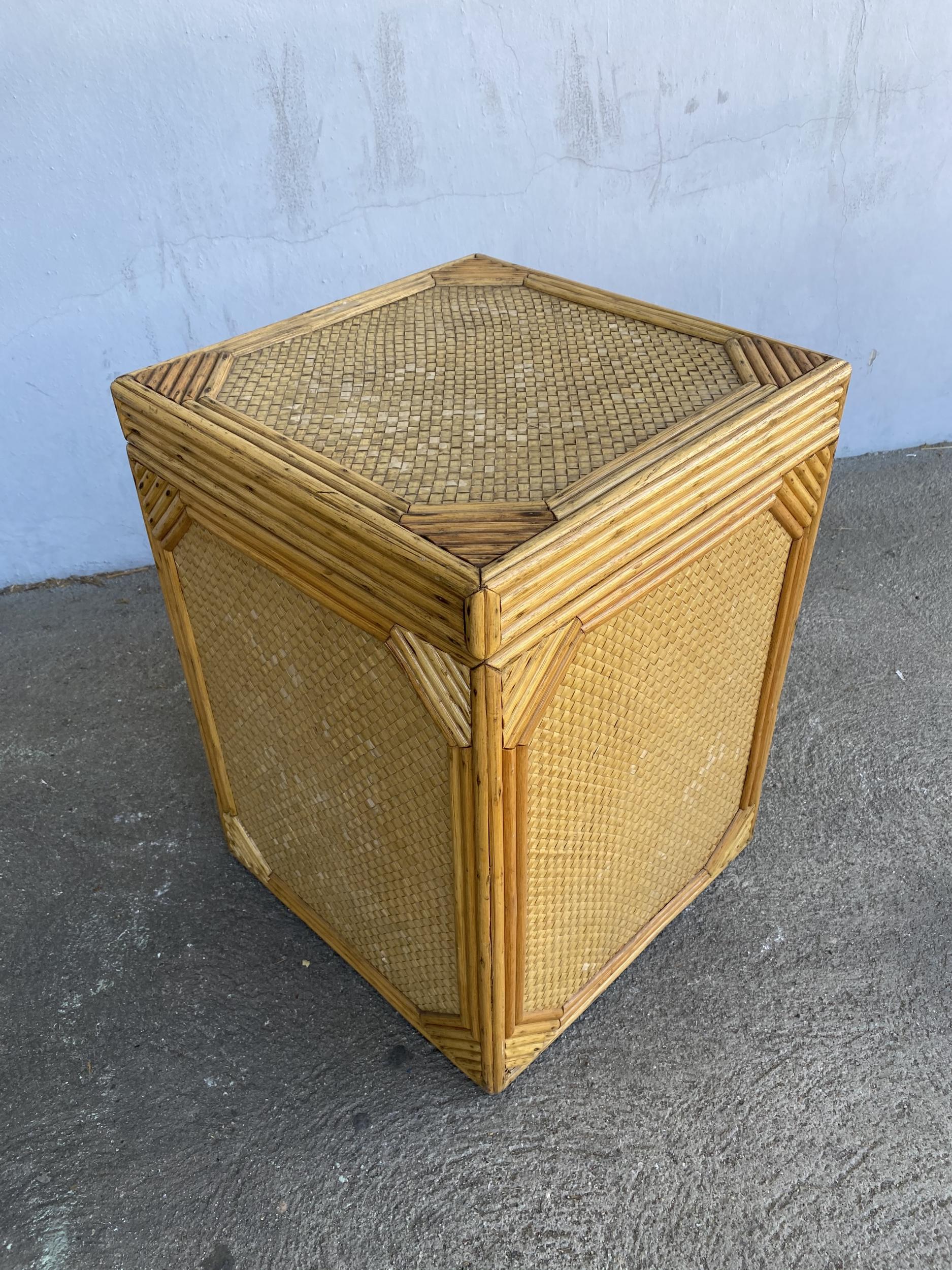 Woven Wicker Stick Rattan Box Side Table Cabinet In Excellent Condition In Van Nuys, CA