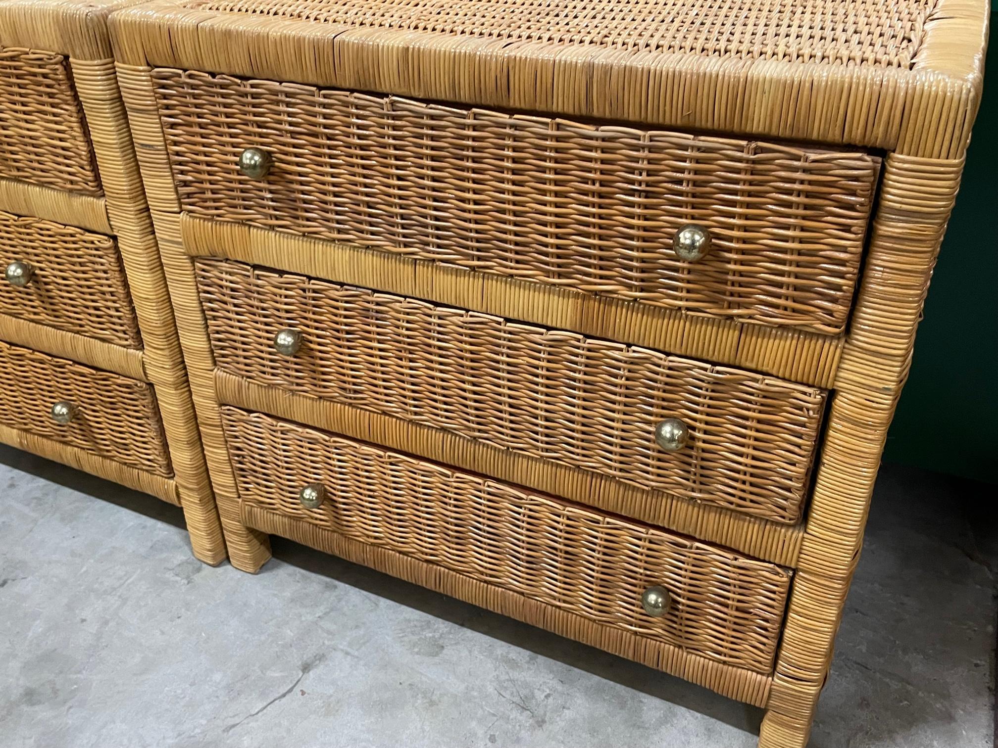 Organic Modern Woven Wicker Triple Dressers, A Pair