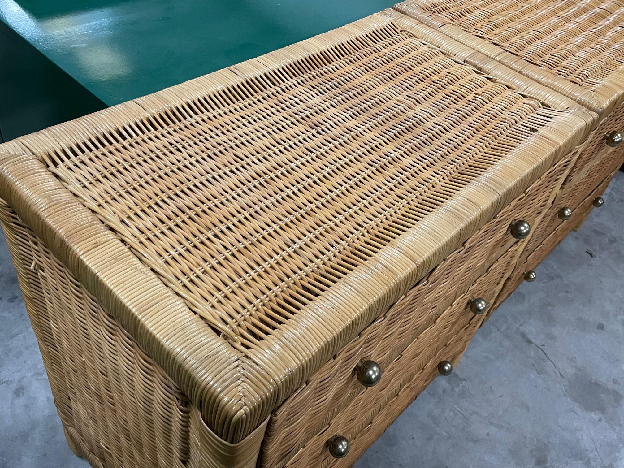 Late 20th Century Woven Wicker Triple Dressers, A Pair
