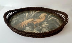 Victorianisches Tablett aus Weidengeflecht mit Vogel