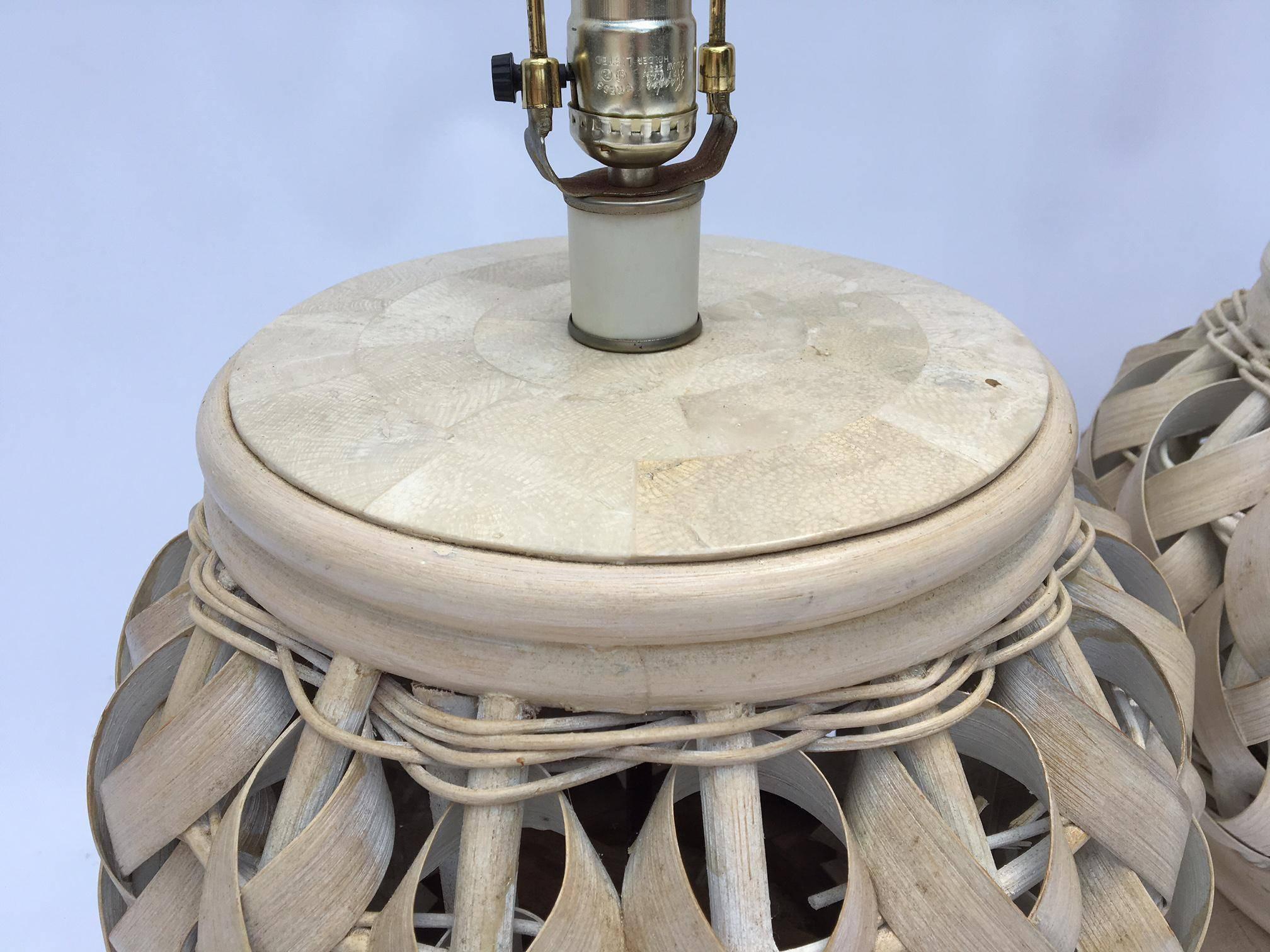 Woven Wide Rattan Table Lamps In Excellent Condition In Jacksonville, FL