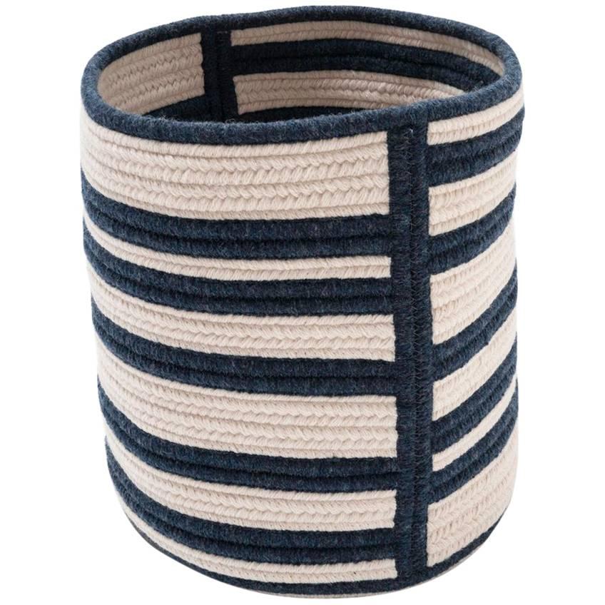 Woven Wool Basket in Navy and White, Custom Crafted in the USA, Raised Line  For Sale