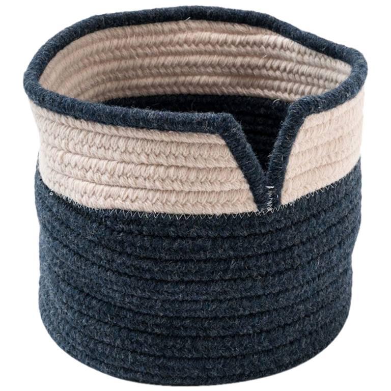 Woven Wool Basket in Navy and White, Custom Crafted in the USA, V Band Design at 1stDibs