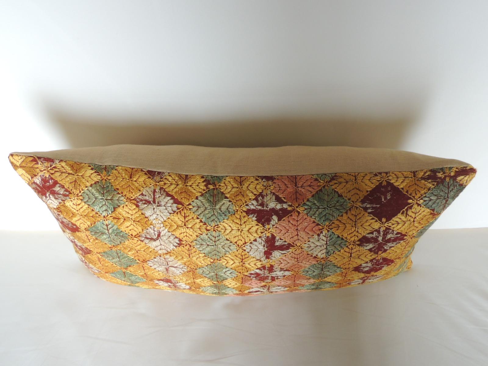 Moorish Woven Yellow and Green “Phulkari” Artisanal Decorative Bolster Pillow