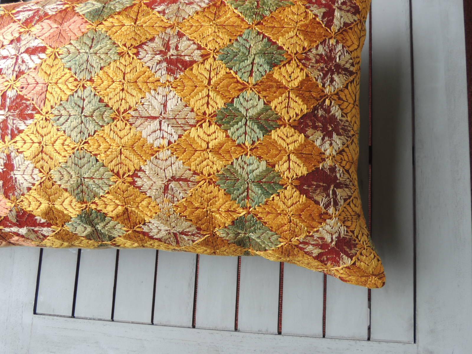 Indian Woven Yellow and Green “Phulkari” Artisanal Decorative Bolster Pillow