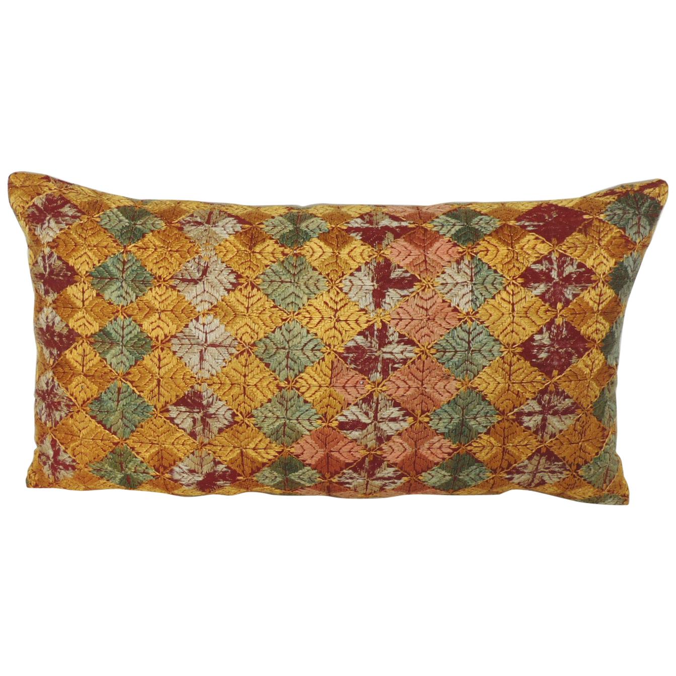 Woven Yellow and Green “Phulkari” Artisanal Decorative Bolster Pillow