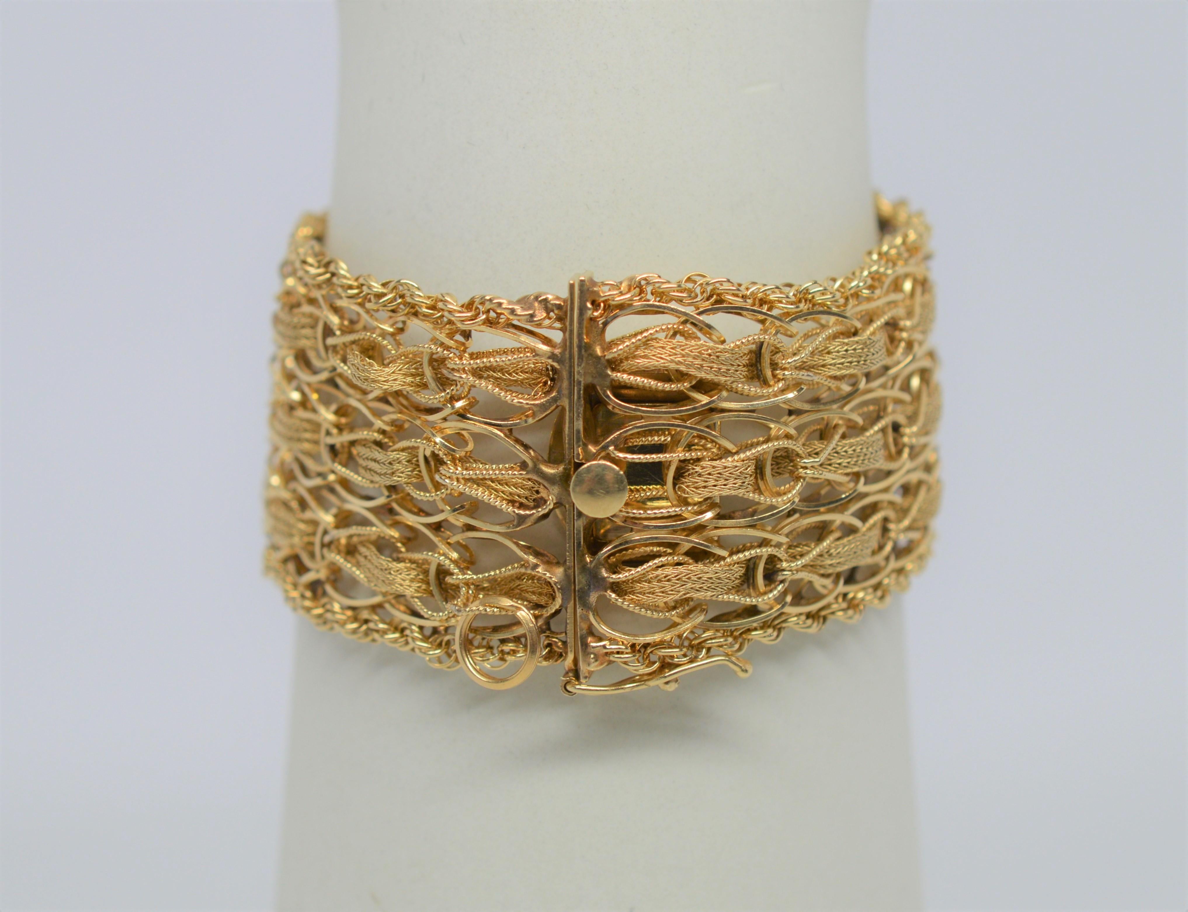 Woven Rope 14 Karat Yellow Gold Wide Bracelet In Excellent Condition For Sale In Mount Kisco, NY