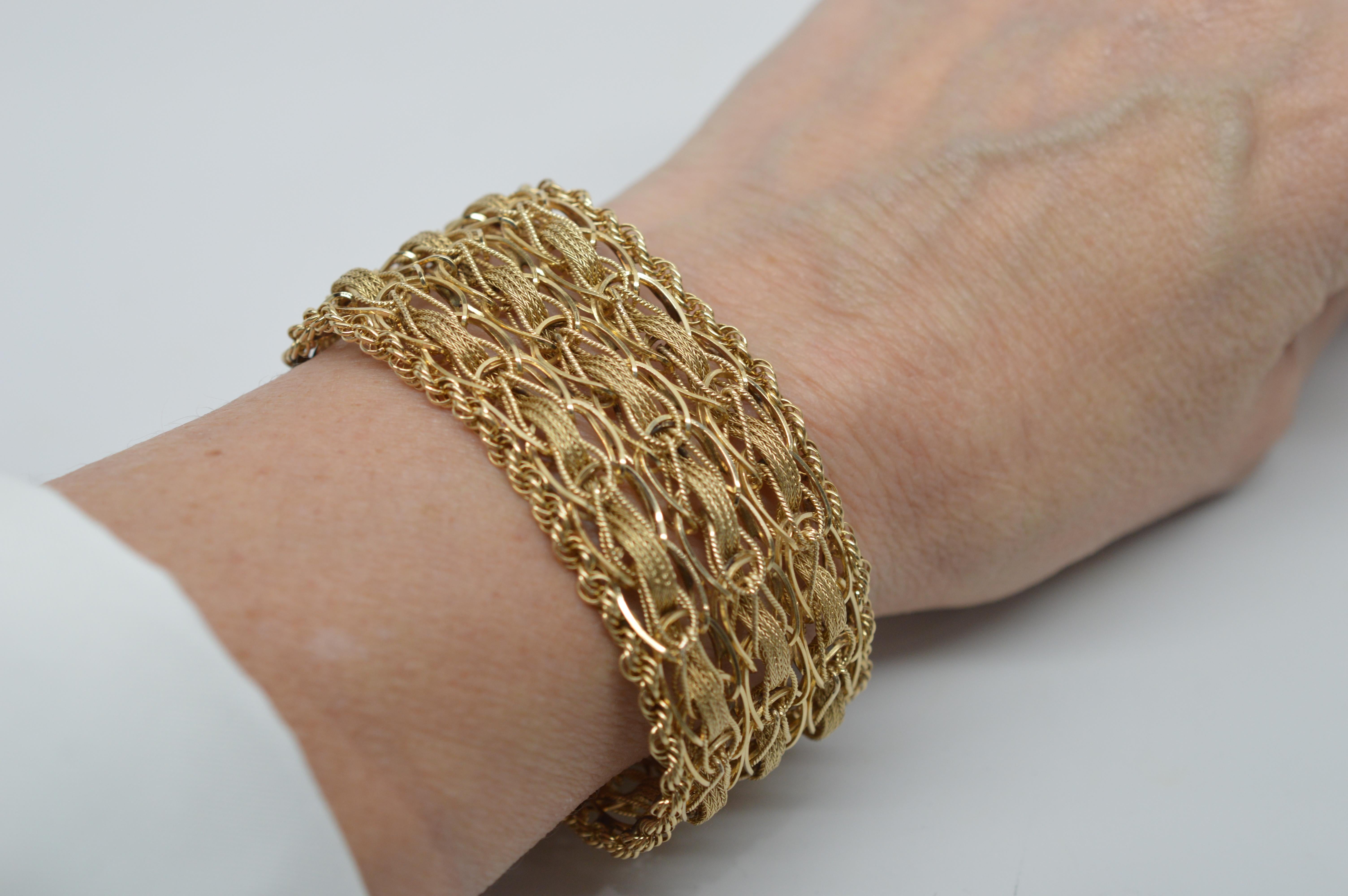 Women's Woven Rope 14 Karat Yellow Gold Wide Bracelet For Sale