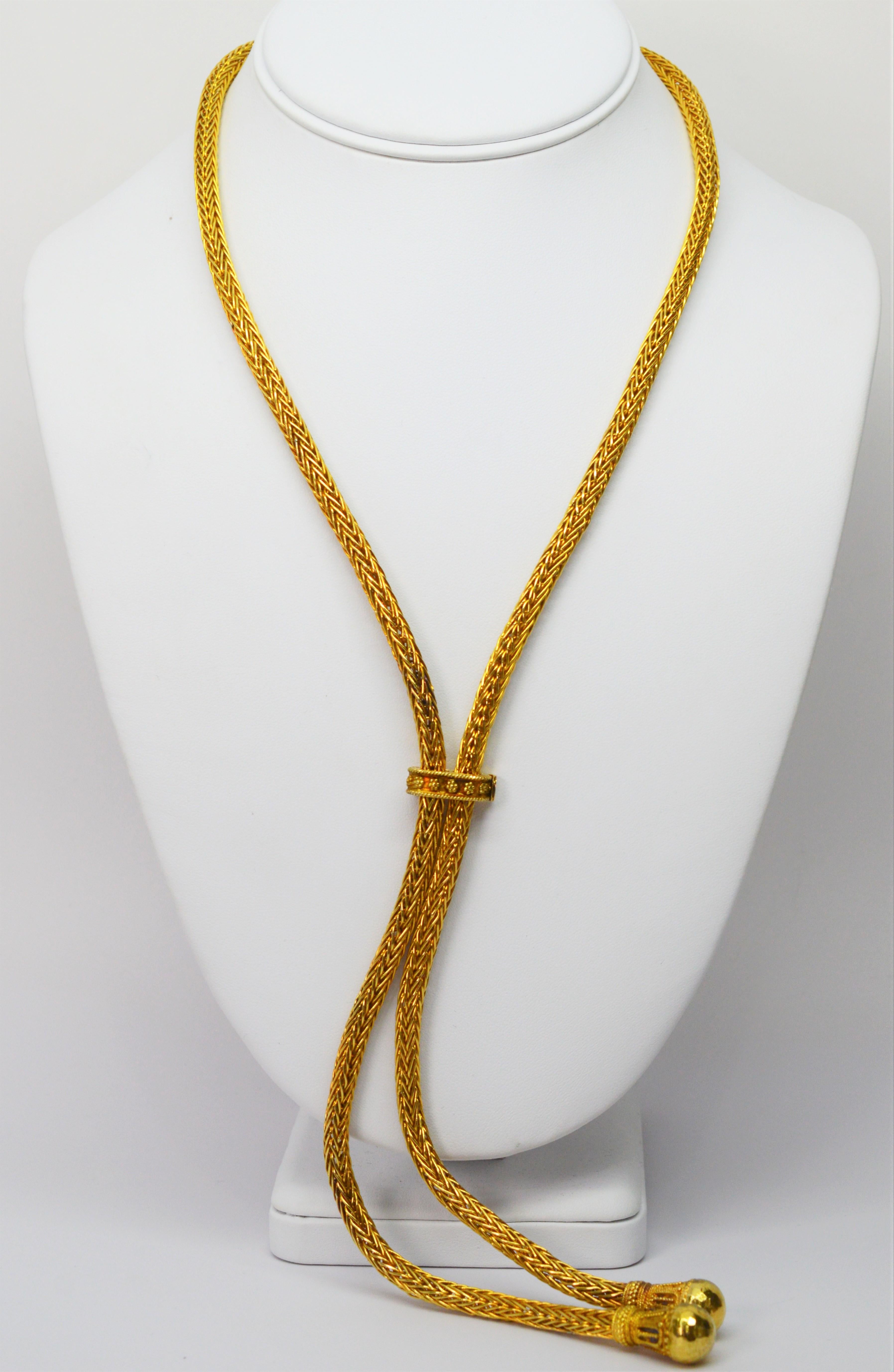 Woven 18 Karat Yellow Gold Lariat Necklace For Sale 3