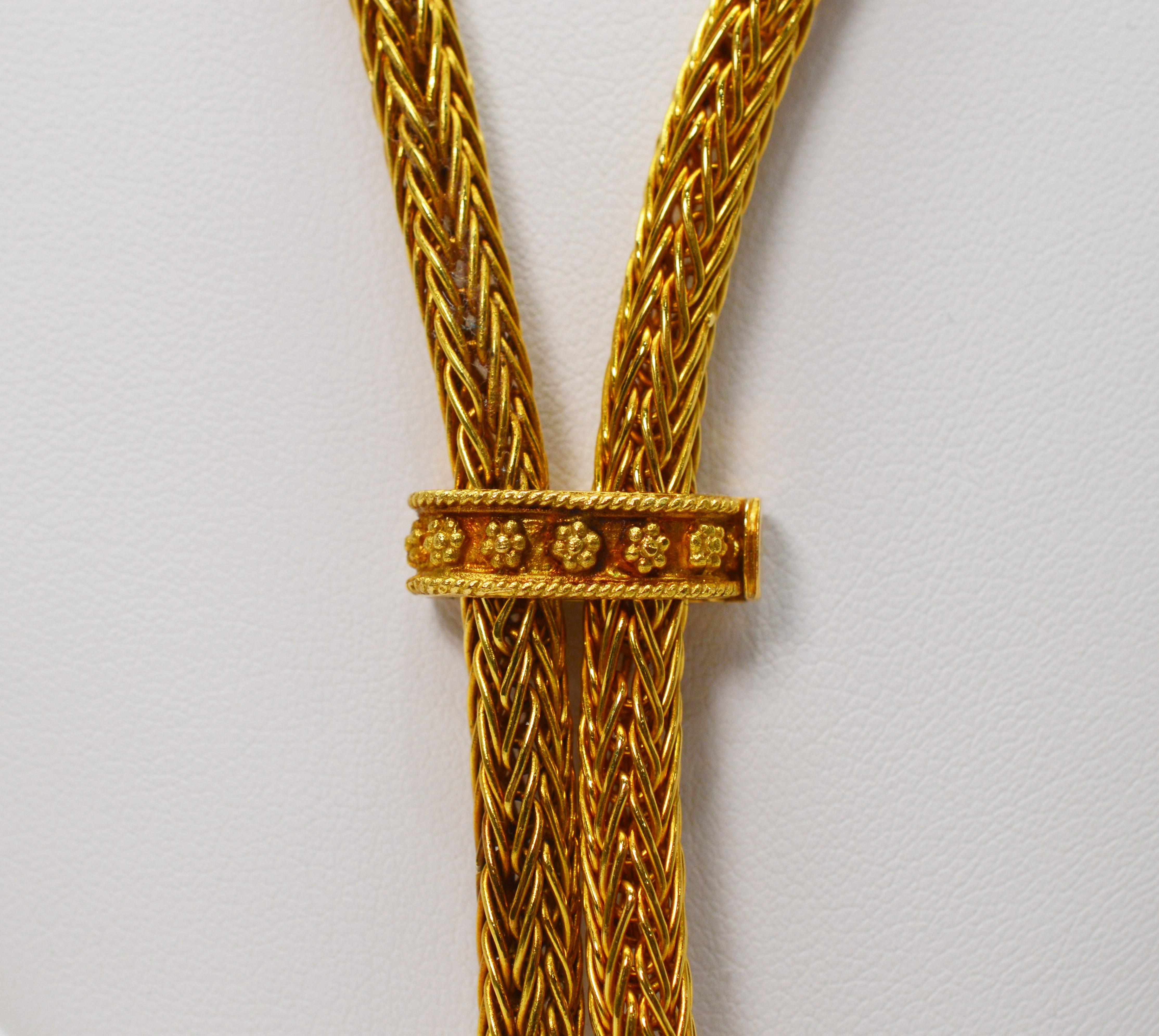 Woven 18 Karat Yellow Gold Lariat Necklace In Good Condition For Sale In Mount Kisco, NY