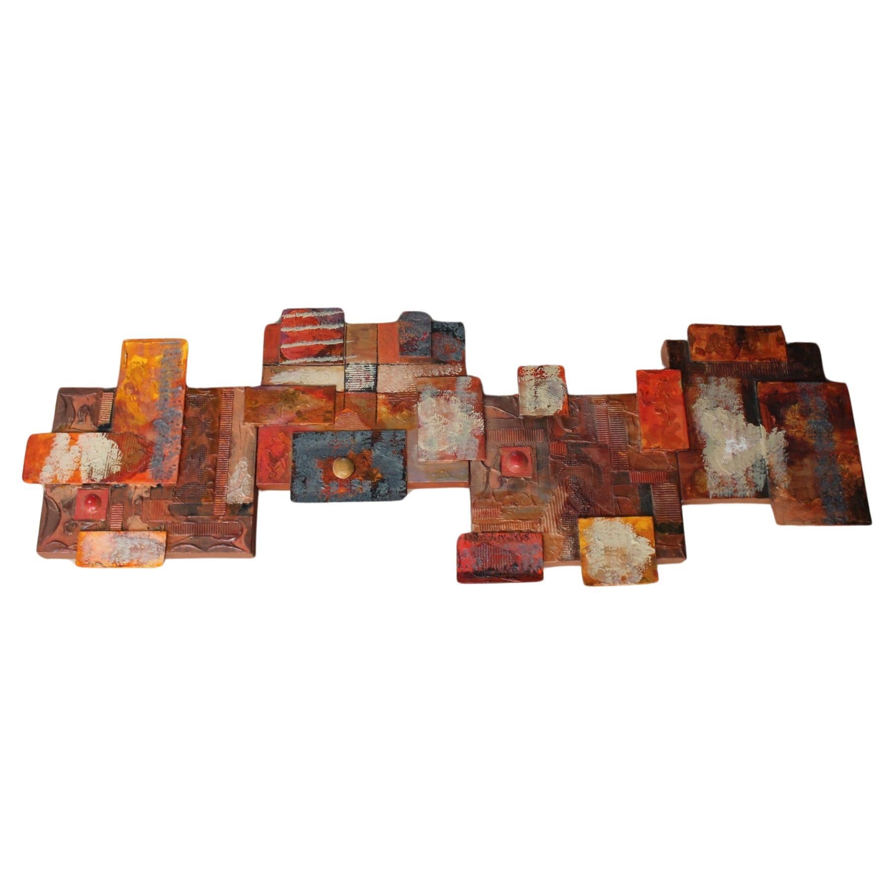 Wow! 50" MCM Cubist Brutalist Painted Wall Sculpture Orange Art Mid Century