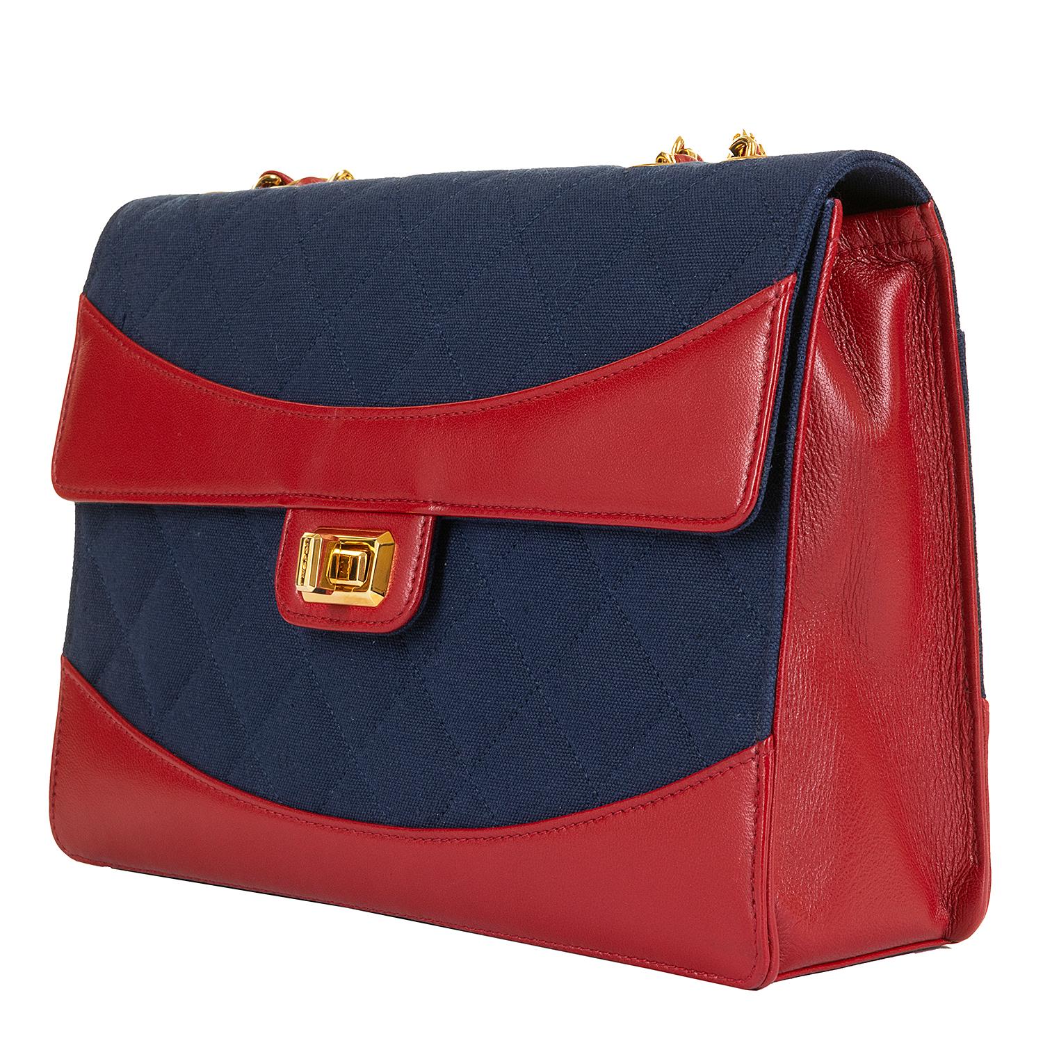 Black WOW Chanel Vintage Navy Quilted Jersey/Red lambskin 23cm bag by Karl Lagerfeld For Sale