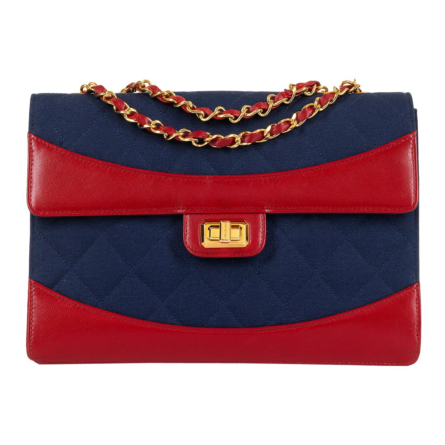 WOW Chanel Vintage Navy Quilted Jersey/Red lambskin 23cm bag by Karl Lagerfeld For Sale