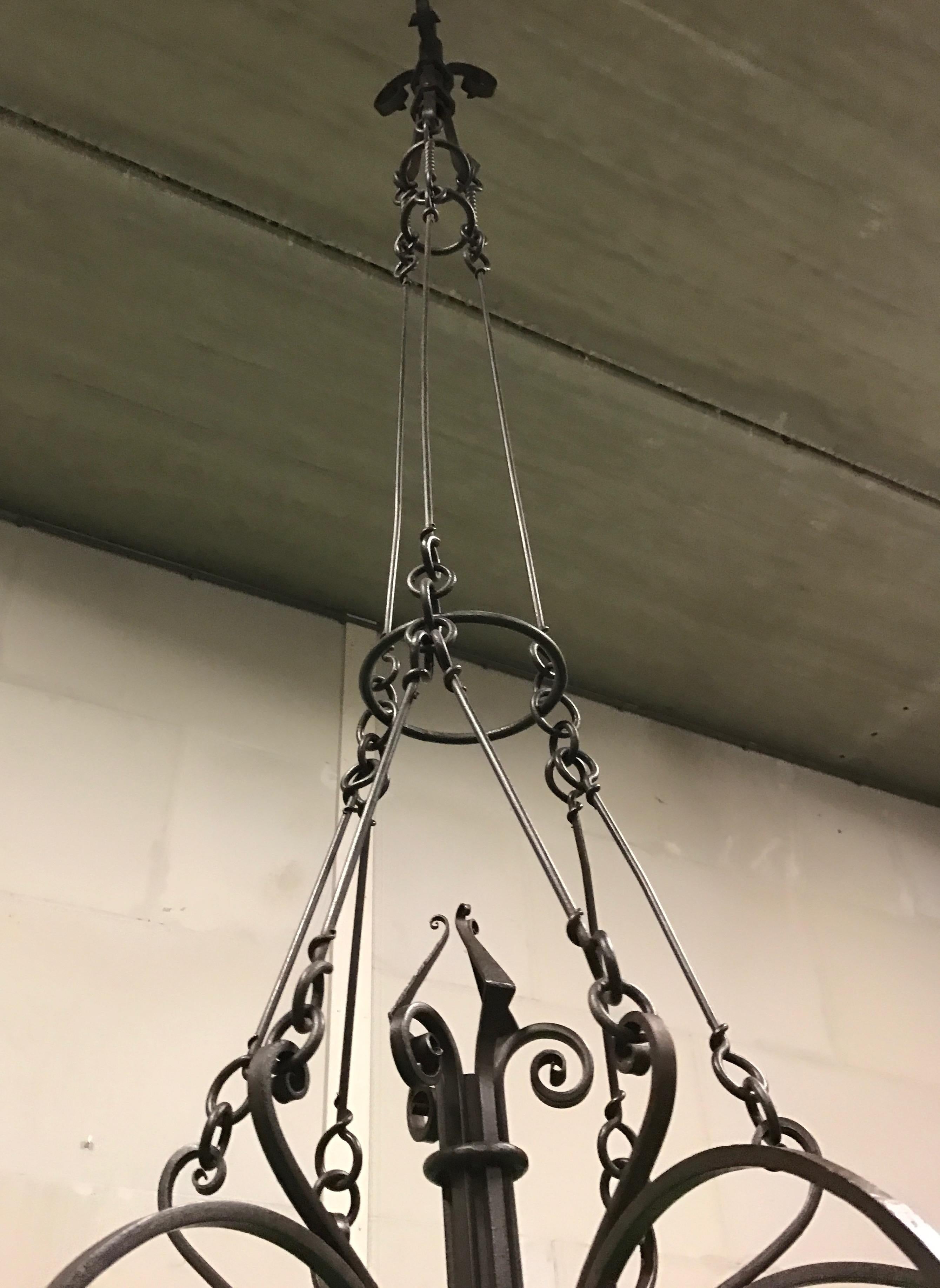  Huge 9 Feet High, Arts & Crafts Wrought Iron, Marbled Glass Chandelier Pendant  For Sale 4