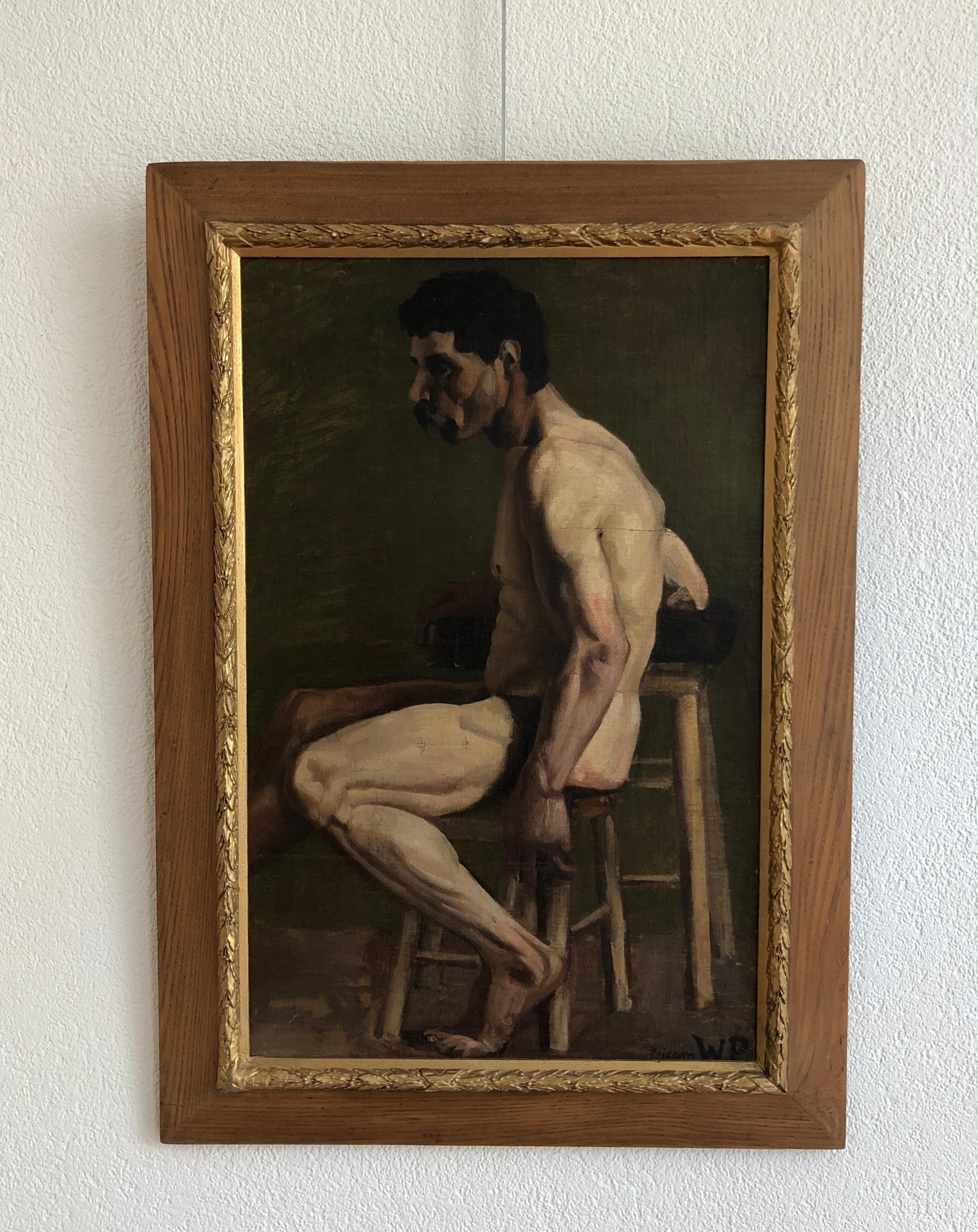 Naked man posing seated - Painting by W.P.