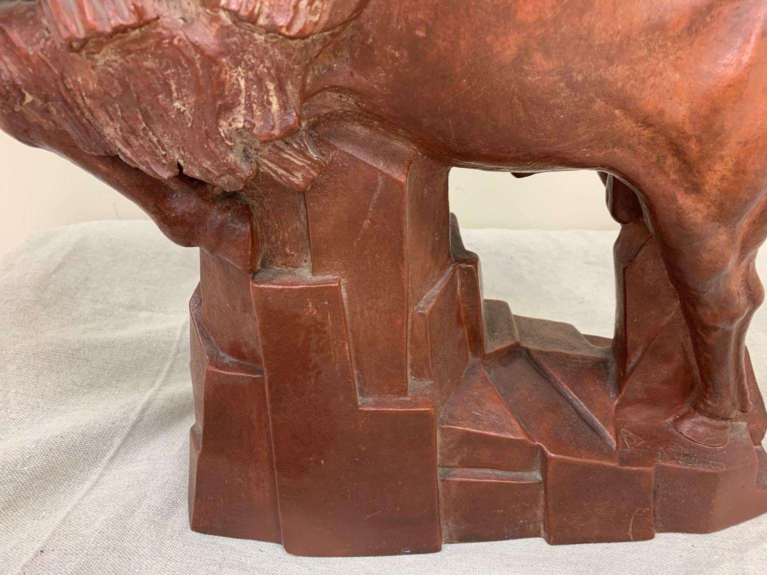 American WPA Art Deco Terracotta Buffalo Sculpture by Anthony Vozech, Circa 1930s For Sale
