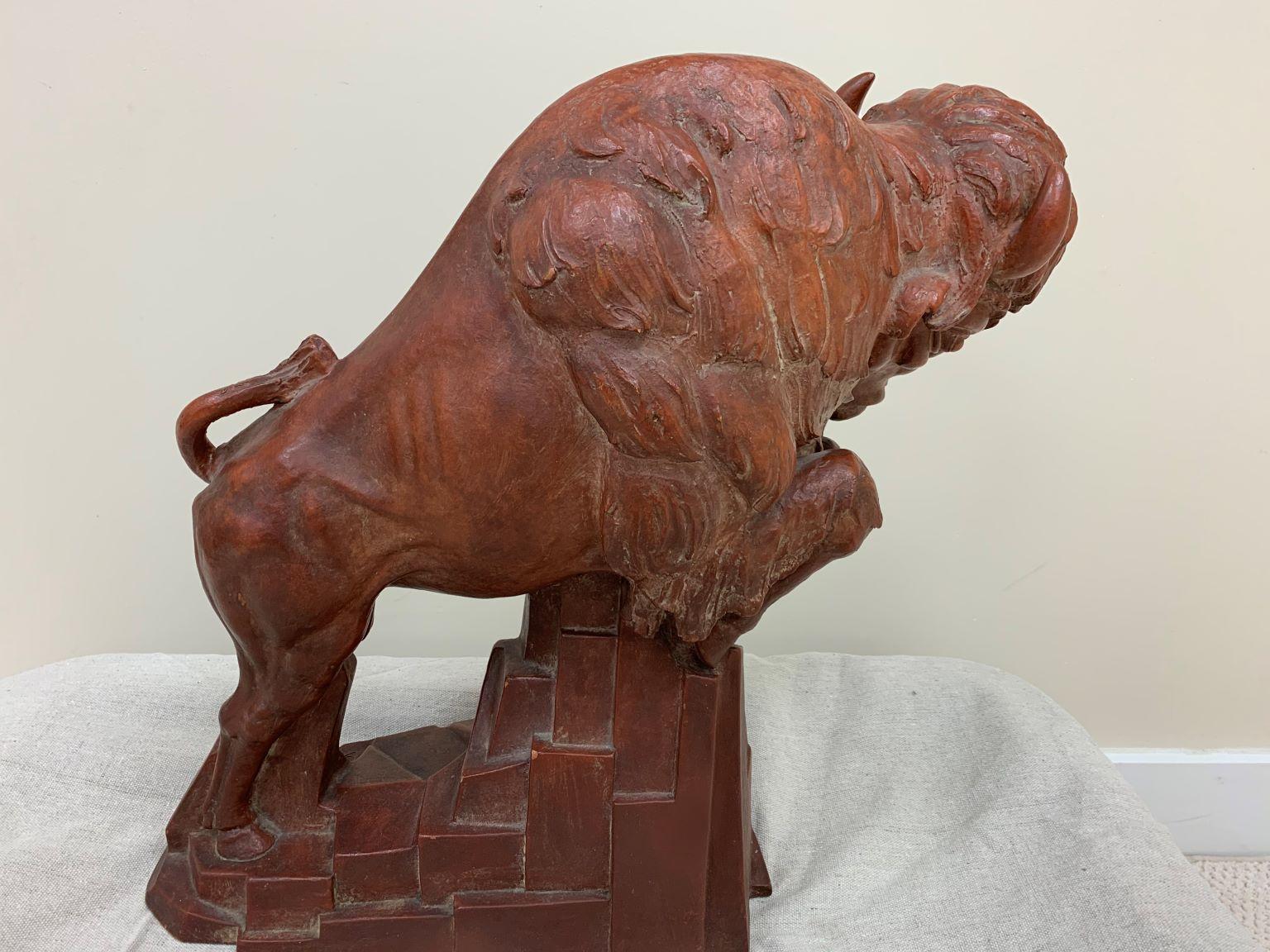 WPA Art Deco Terracotta Buffalo Sculpture by Anthony Vozech, Circa 1930s For Sale 4