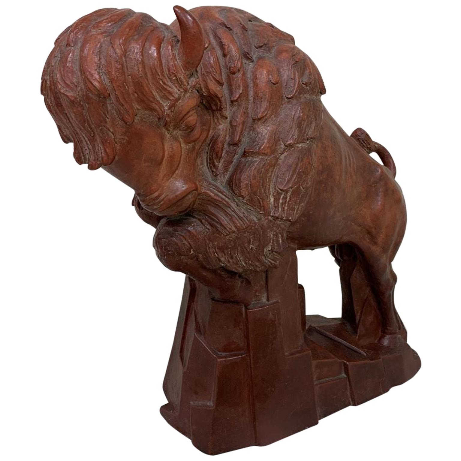 WPA Art Deco Terracotta Buffalo Sculpture by Anthony Vozech, Circa 1930s