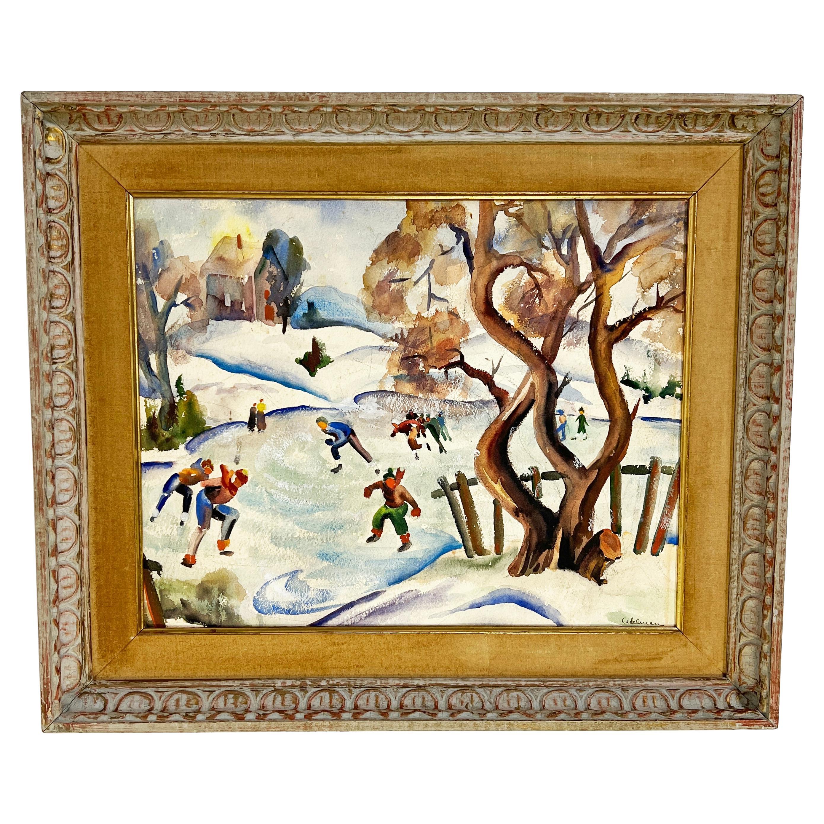 WPA Era Watercolor Painting of New York Ice Skaters by Ida York Abelman