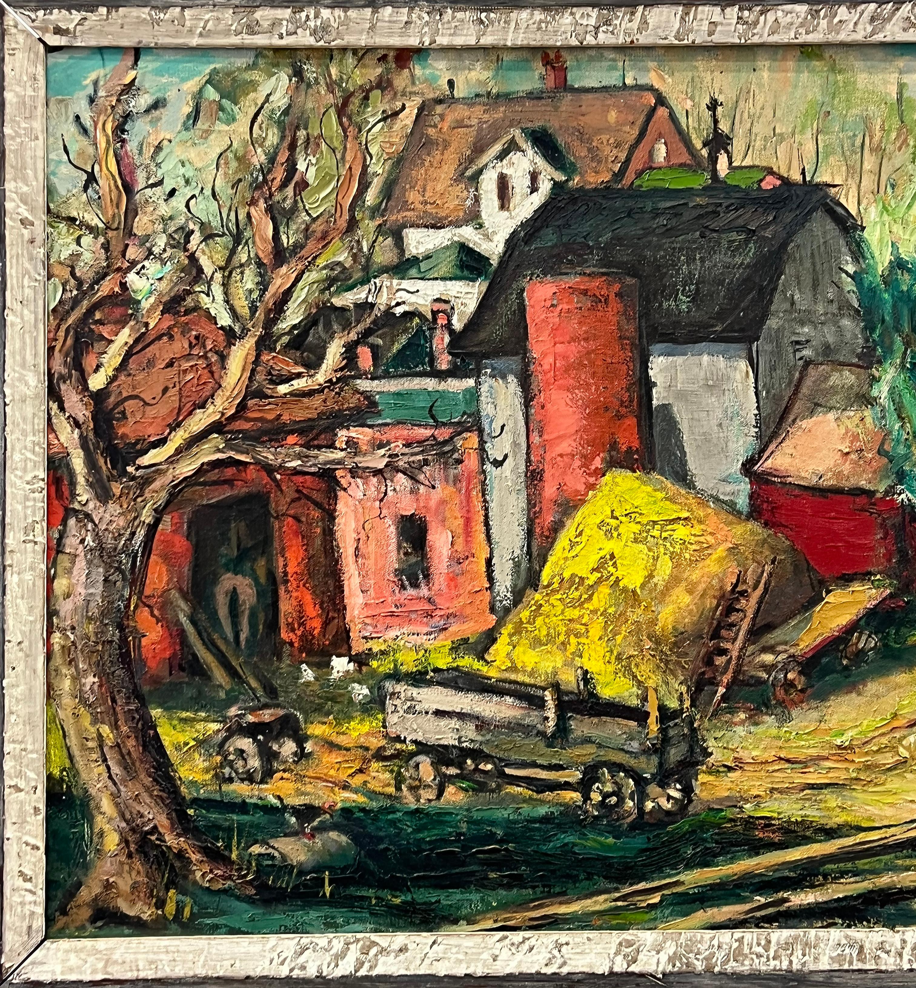 Dipinto a mano Astratto  Pittura ad olio della fattoria di metà secolo in vendita