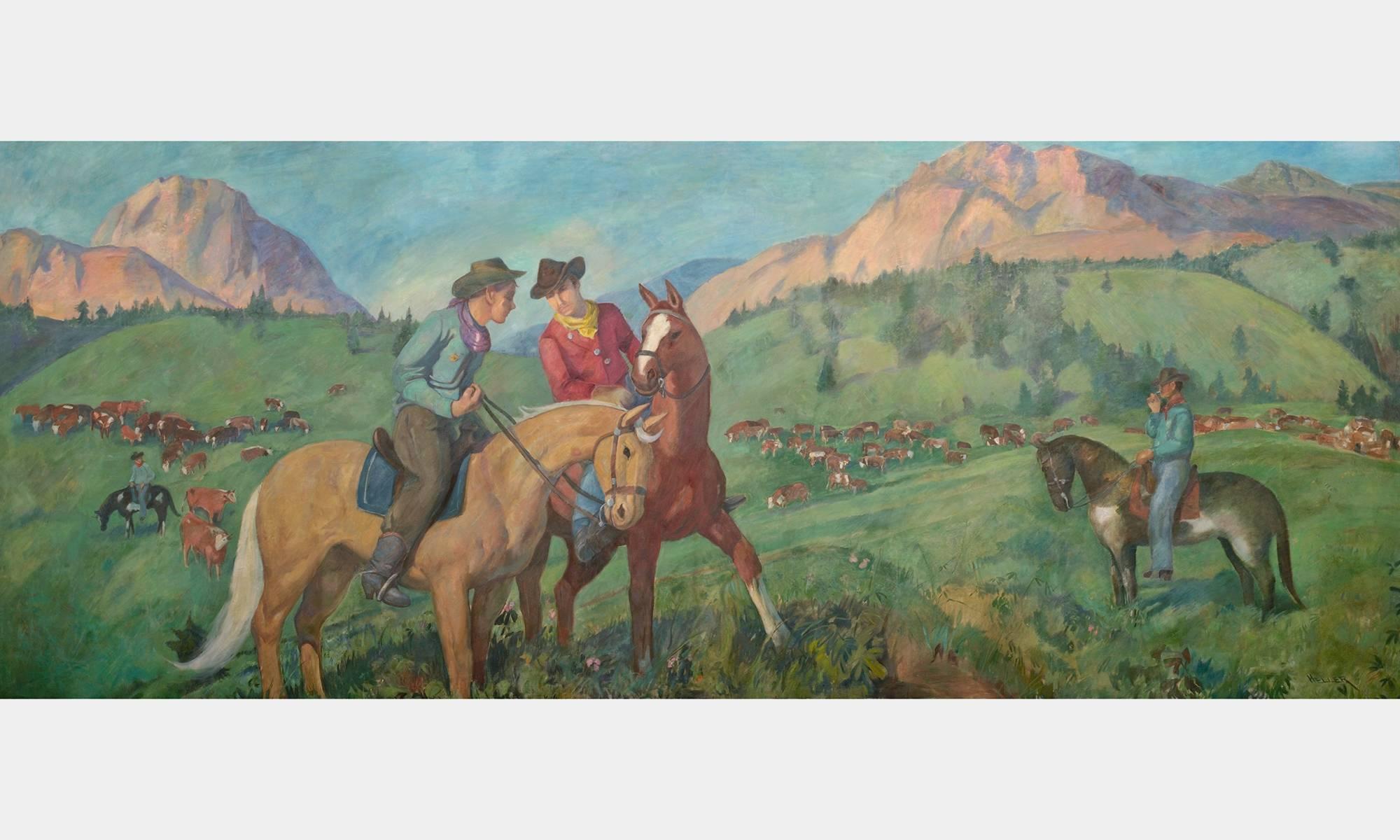 Large-scale oil on canvas painting depicting cowboys attending cattle. Six murals were made in total portraying idealized scenes of the American industry in progress. The paintings lined the walls of the Bank of St. Louis from
