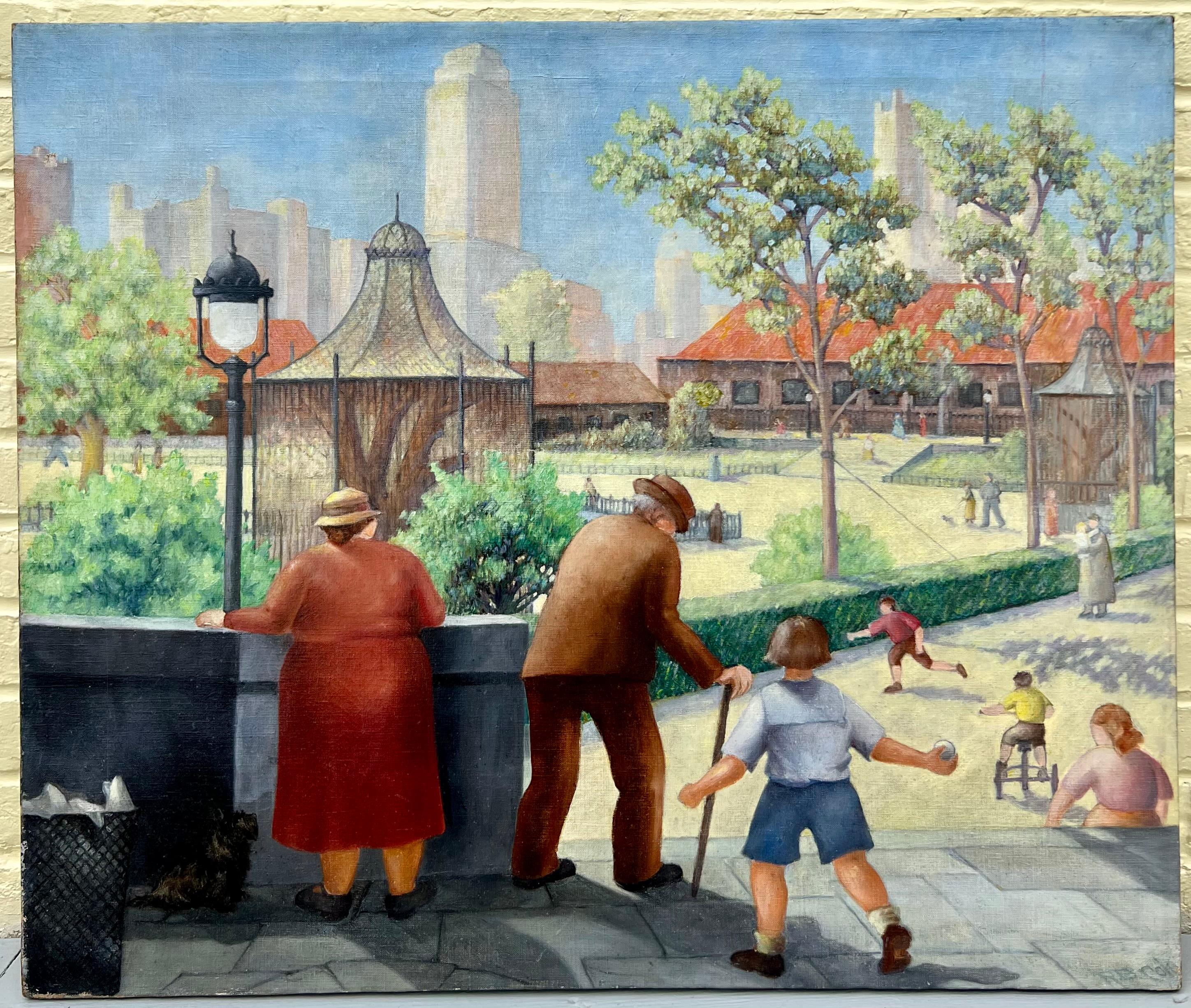 Great WPA period painting featuring visitors to the zoo with aviaries in the background, possibly NYC. Some of the visitors have a very Botero feel. Oil on canvas, unframed measuring 25.25