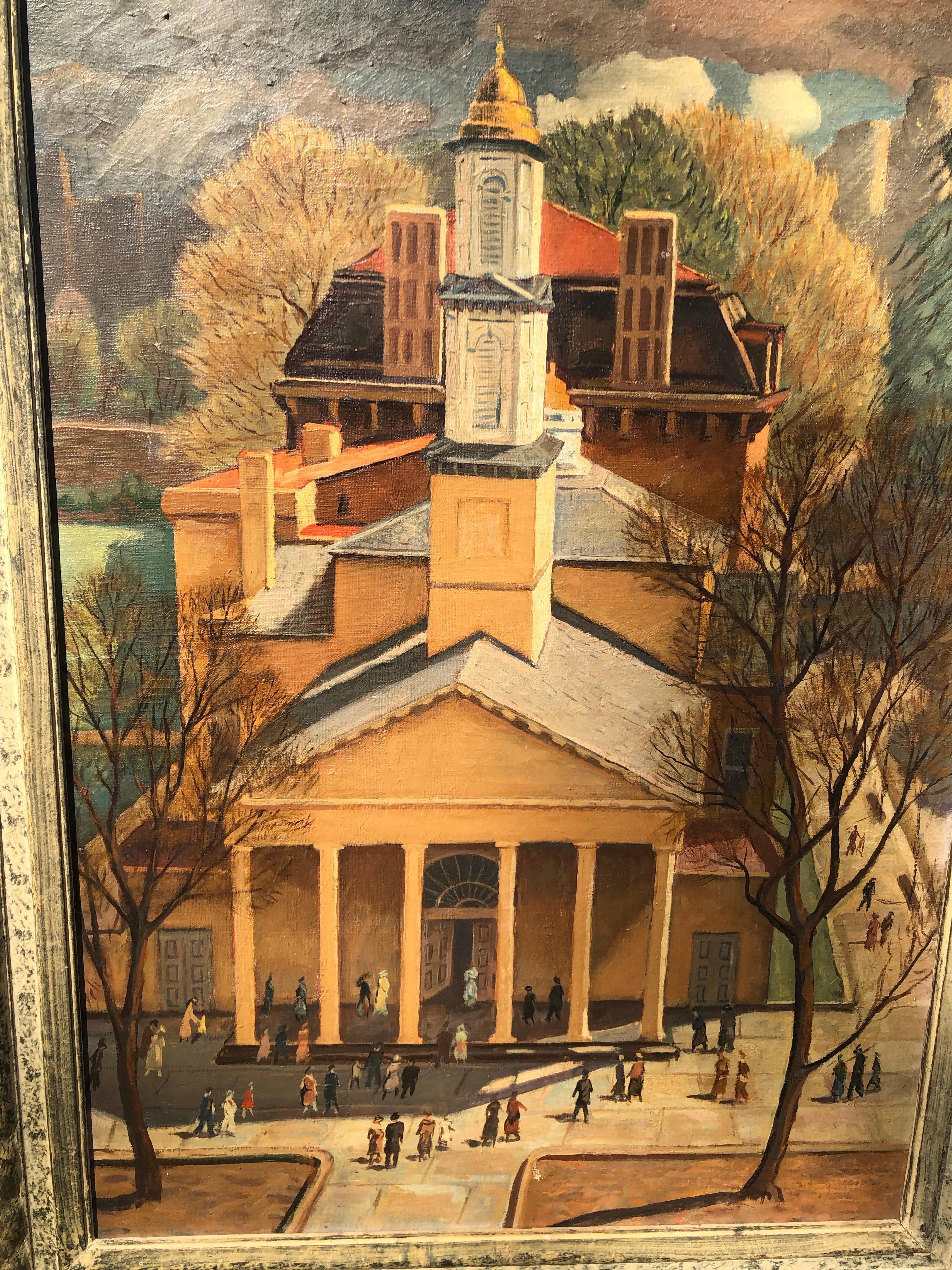 Painted WPA Scene by Carl Nyquist, Oil on Canvas St Johns Church Washington Dc 