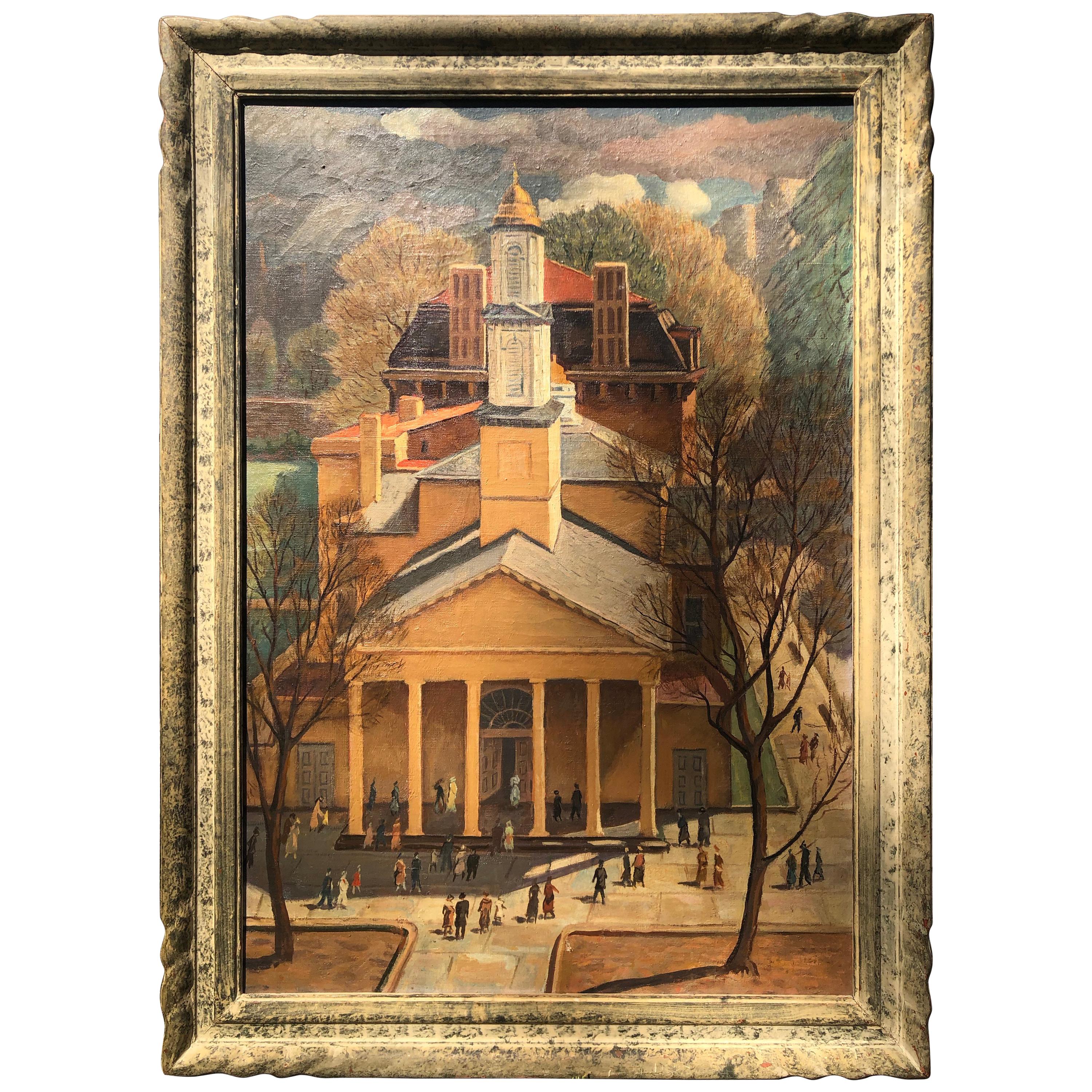 WPA Scene by Carl Nyquist, Oil on Canvas St Johns Church Washington Dc 