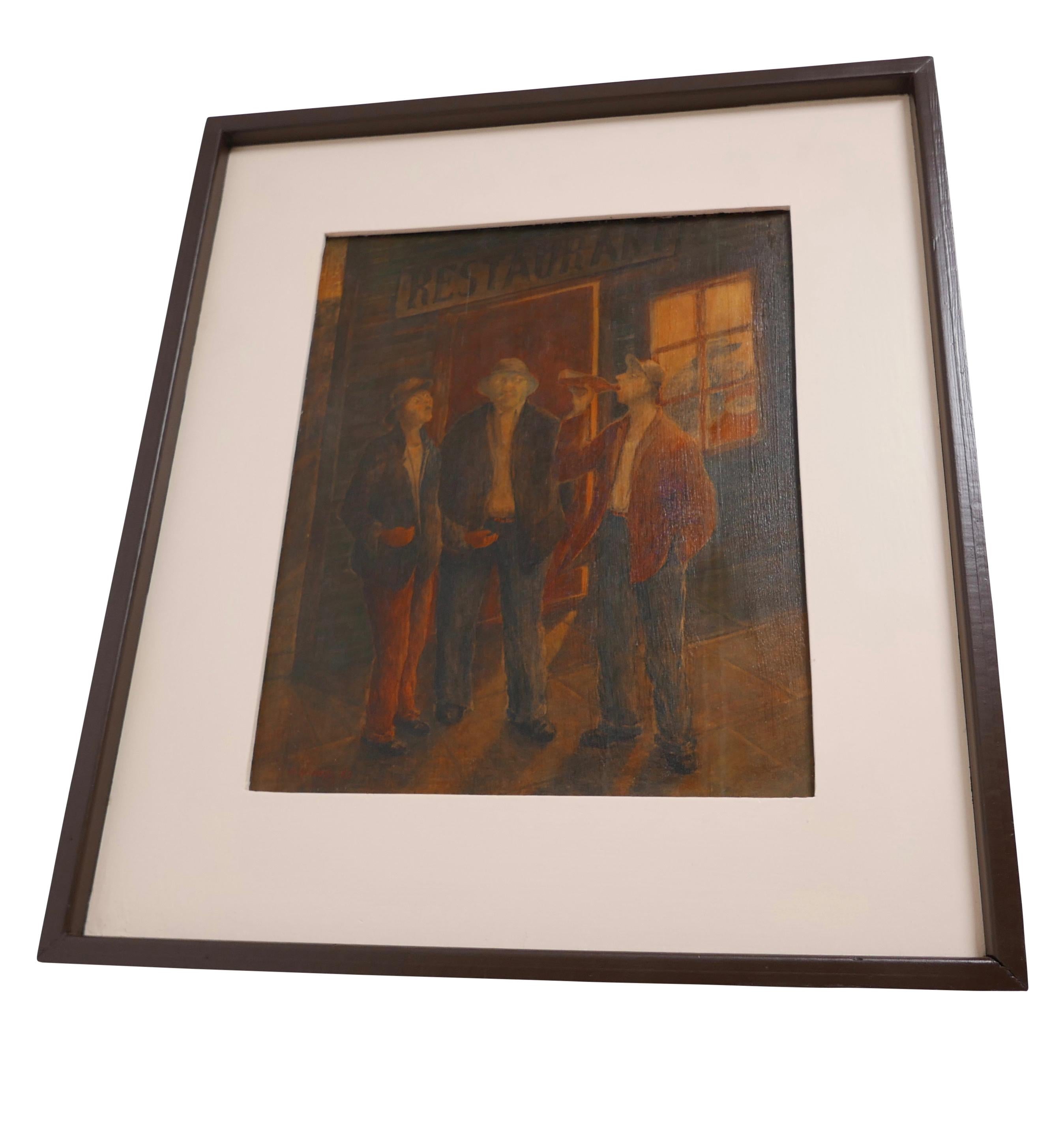 WPA Style Bar Scene Oil Painting on Panel, Signed and Dated 1935 3
