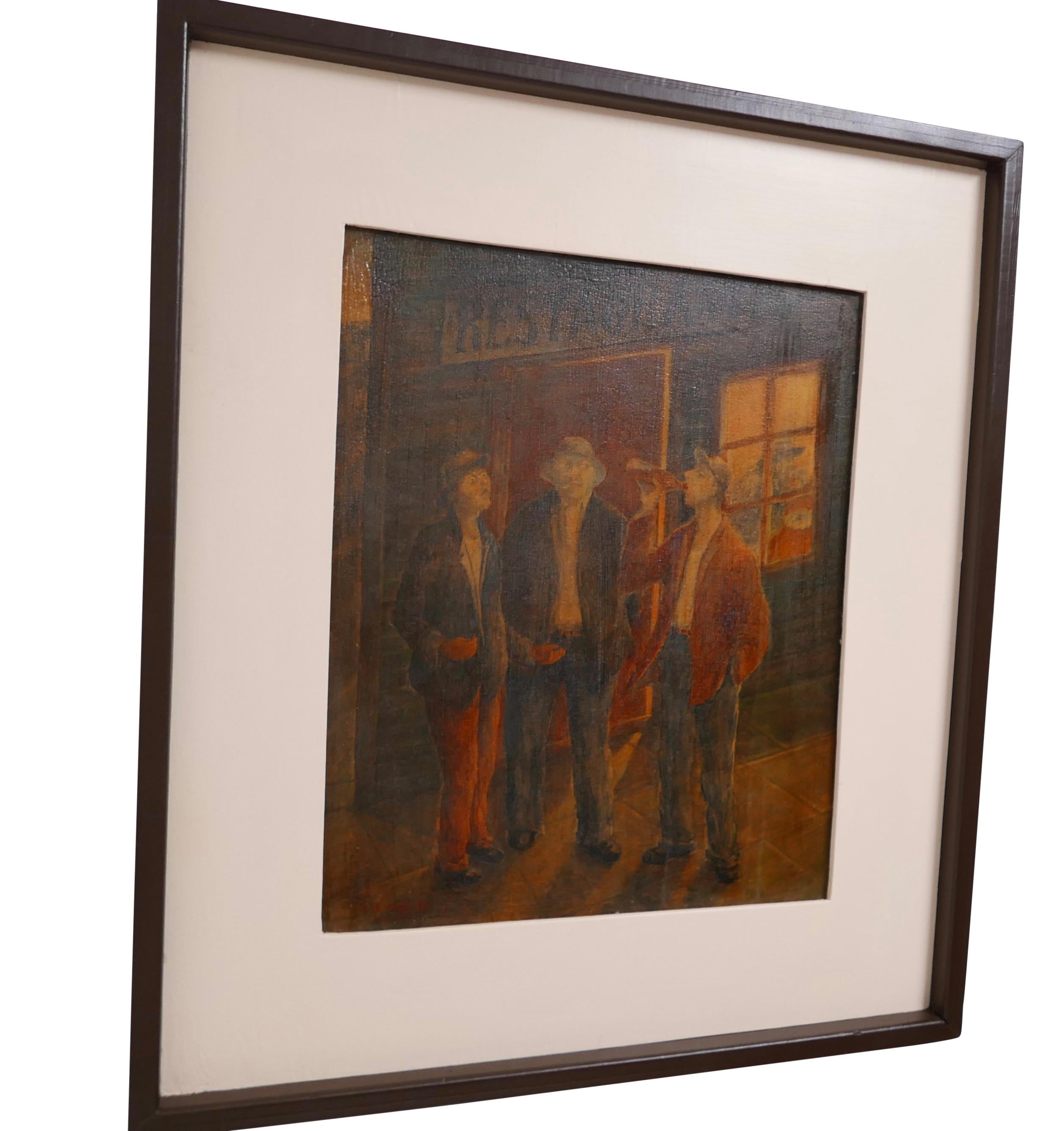 WPA style oil painting on panel of three guys enjoying a drink outside of a restaurant. Matted and having a painted frame. Indistincly signed, and dated 1935.