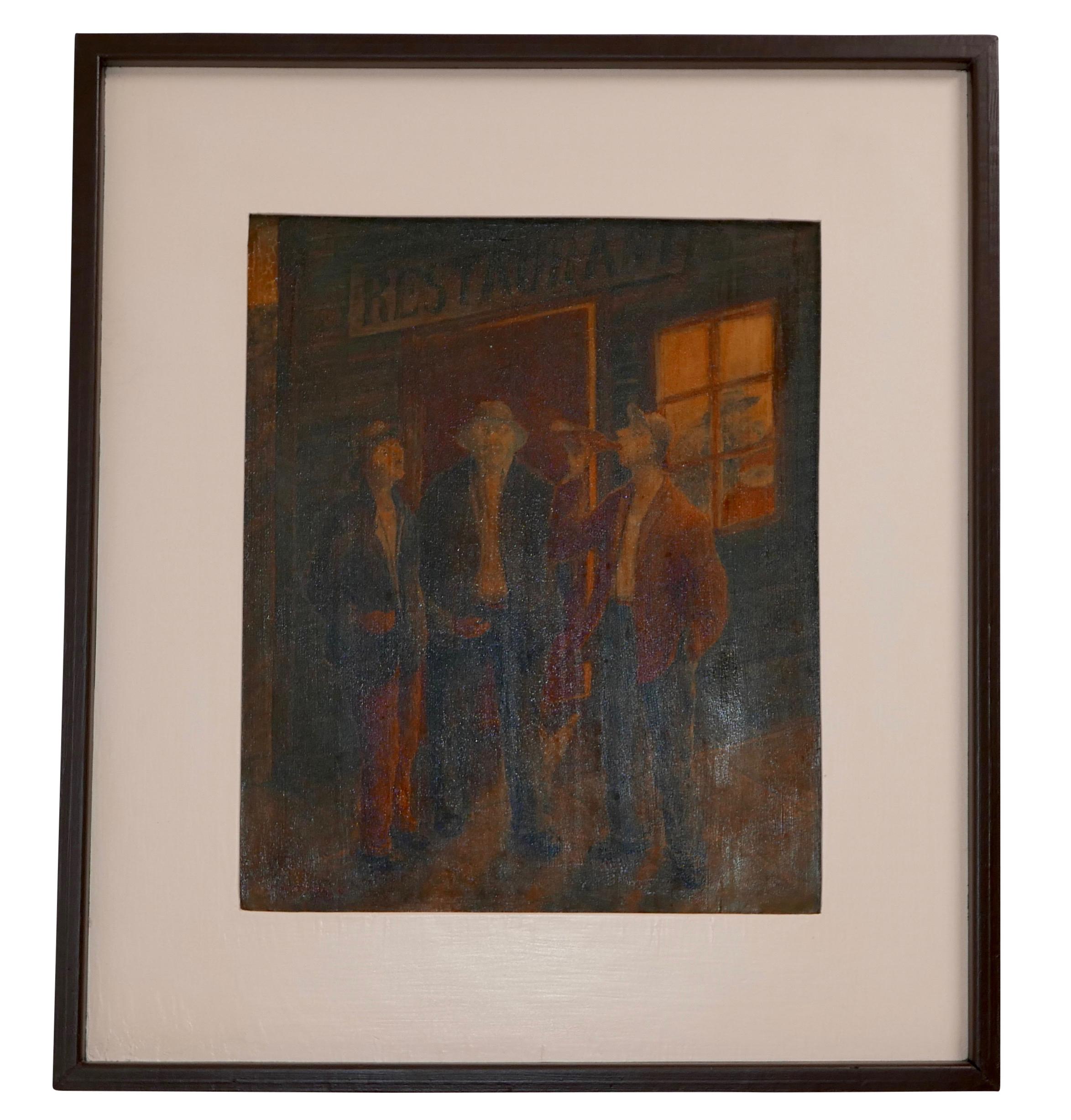 American WPA Style Bar Scene Oil Painting on Panel, Signed and Dated 1935