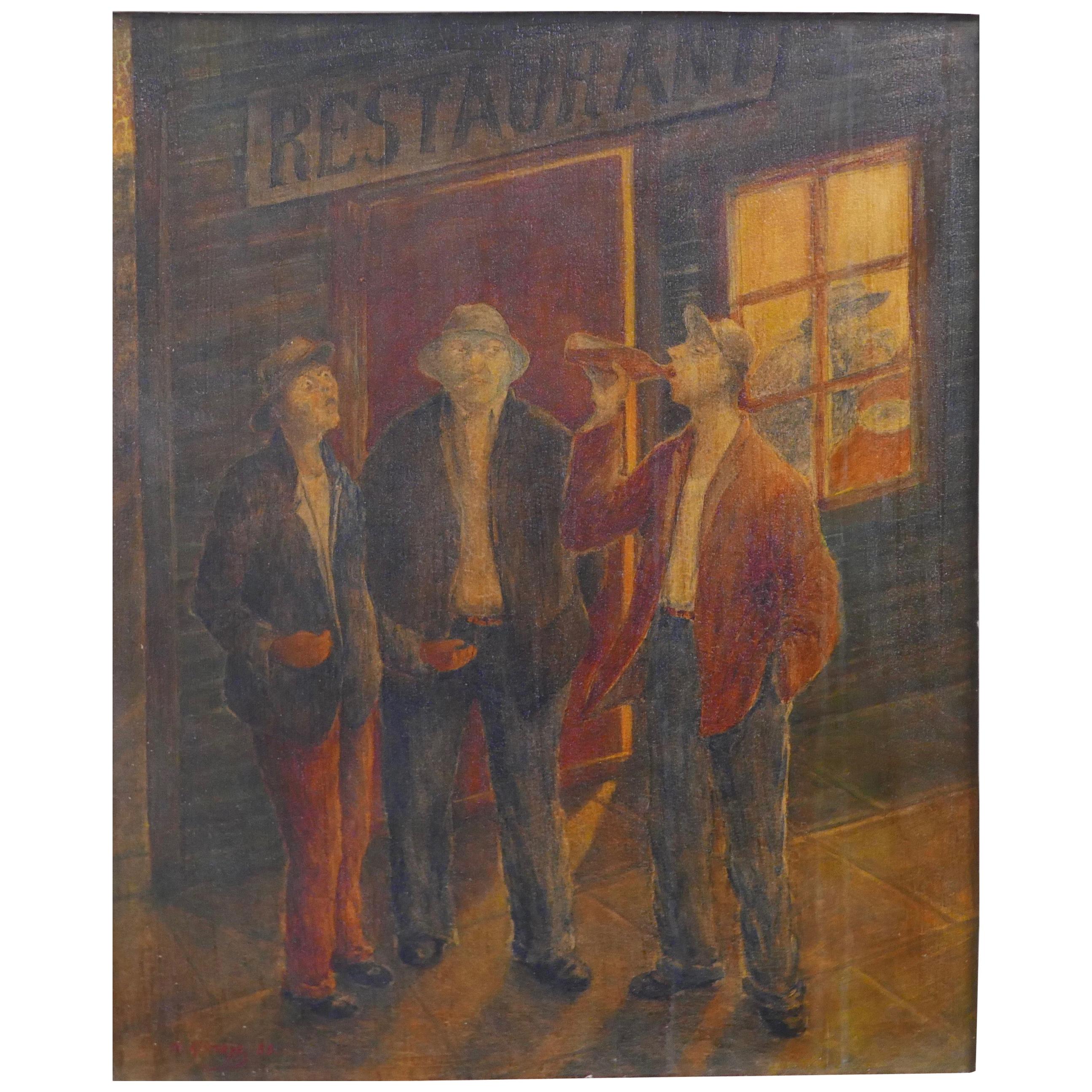 WPA Style Bar Scene Oil Painting on Panel, Signed and Dated 1935