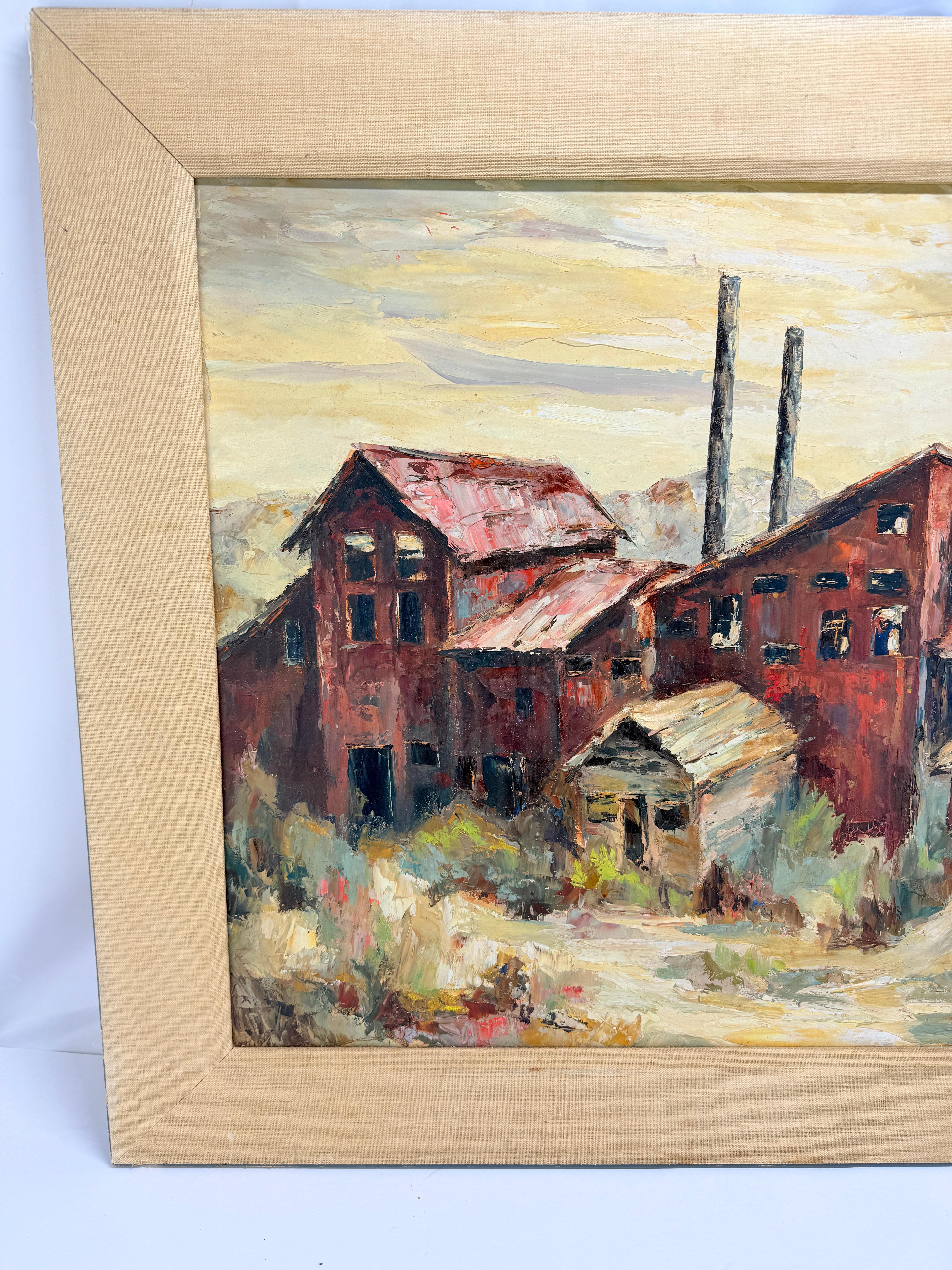Industrial Landscape in WPA Style by Isaacson, Mid-20th Century. Oil on Board, Measures: 35.5
