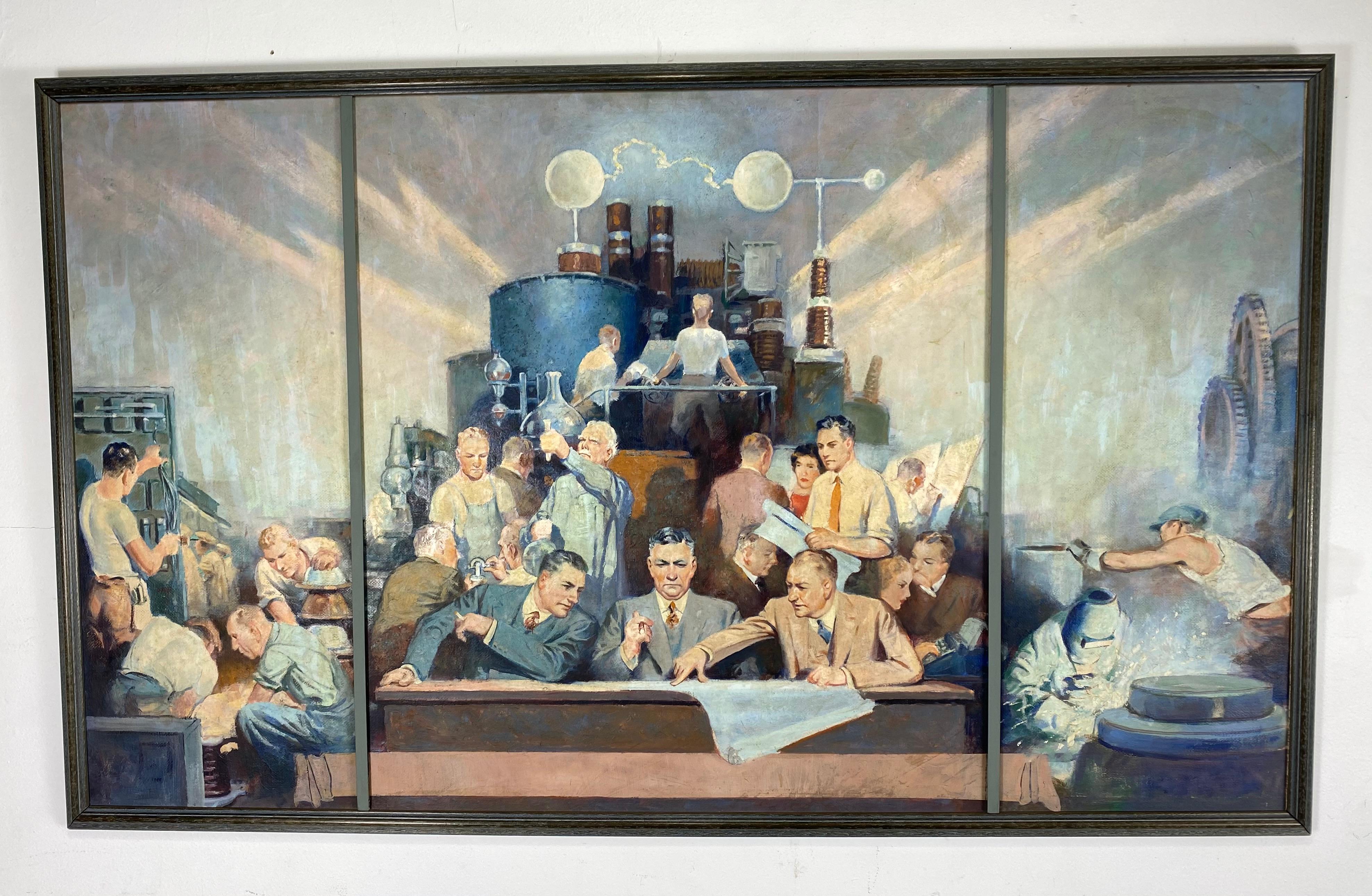 Amazing W.P.A. style painting, trip-tic depicting science, politics industry, worker's, 1940s-1950s. Oil on board, measuring: 52