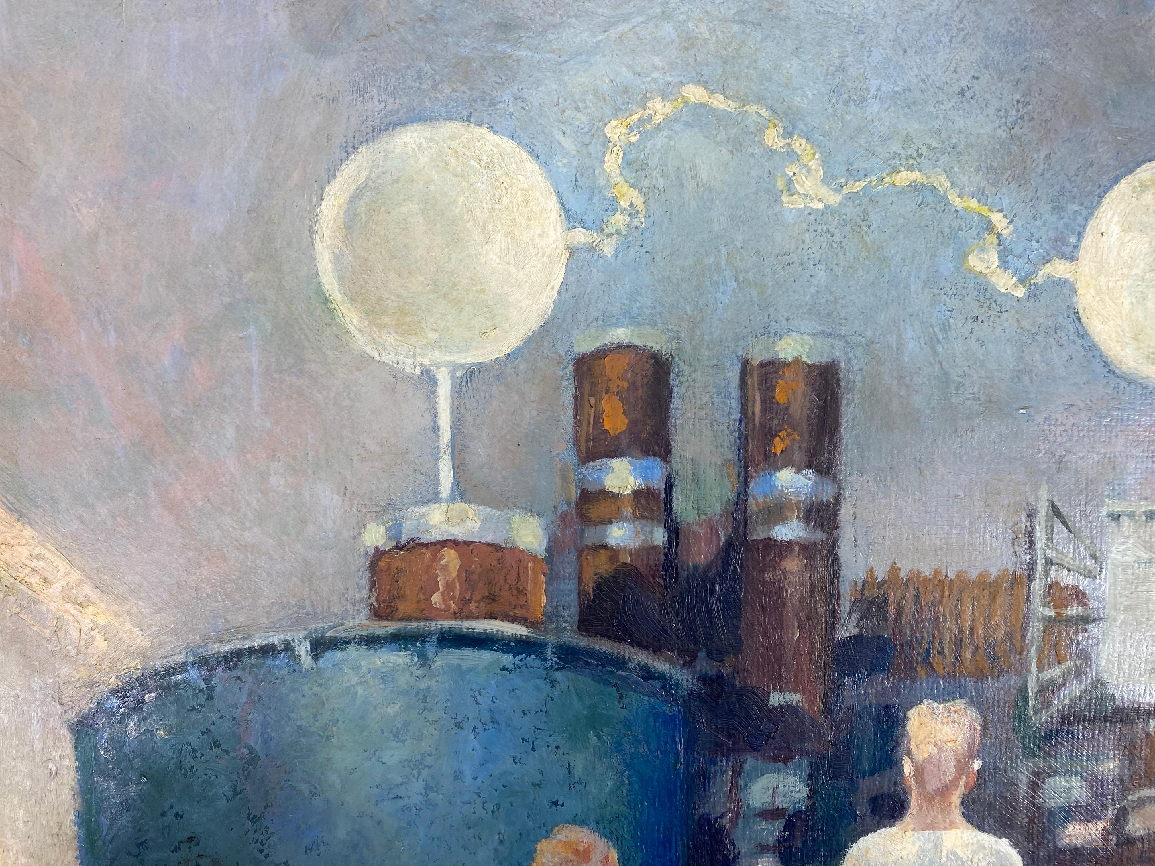 Mid-20th Century W.P.A. Style Painting, Science, Politics Industry 1940s-1950s, Oil on Board
