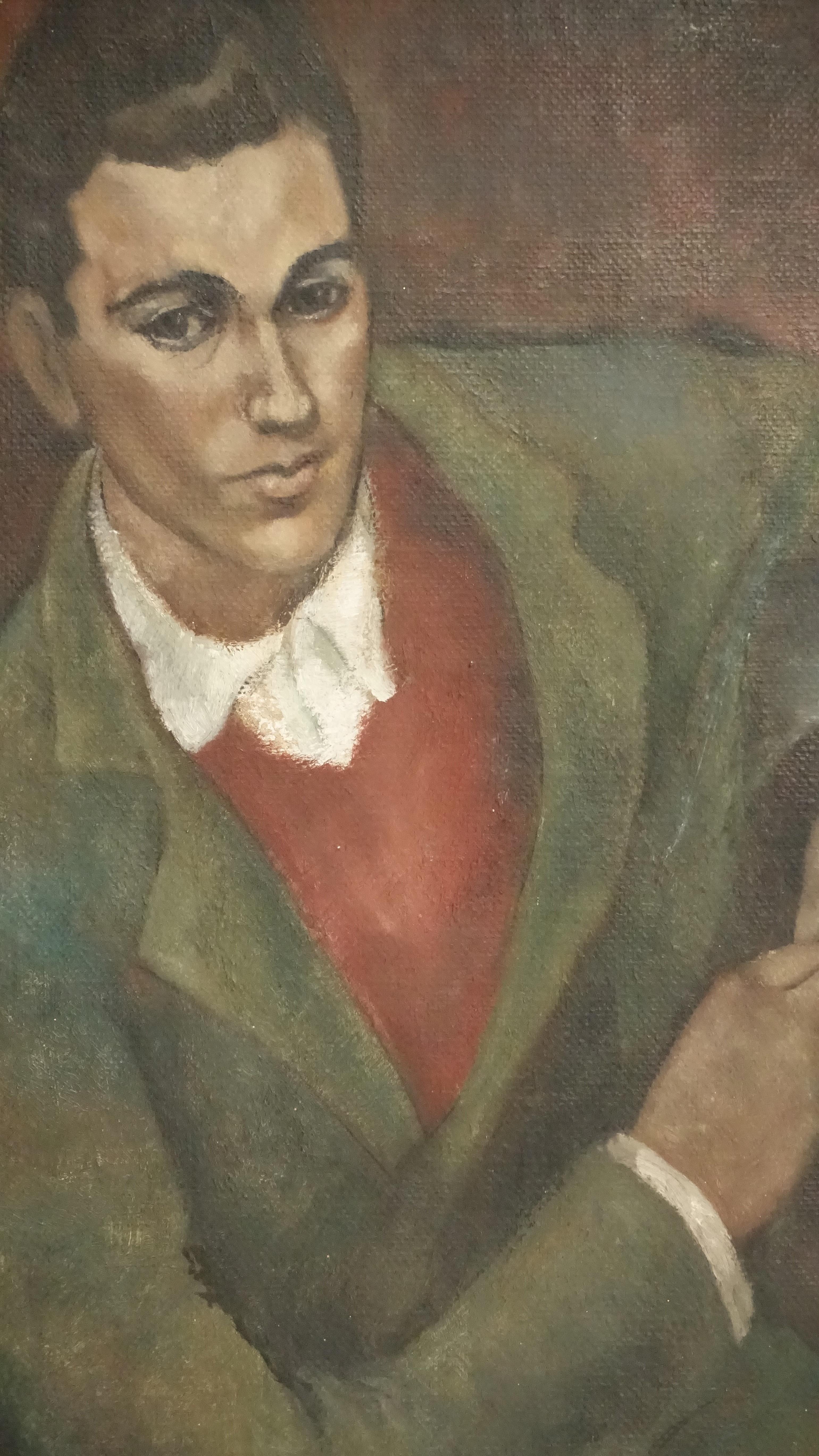 Portrait de Walter Levin, huile sur toile, non encadré. Signé Haughton College Bickerton dans le coin supérieur droit, et portant l'étiquette originale de la galerie au dos. Région de la baie de Californie, début ou milieu du 20e siècle.