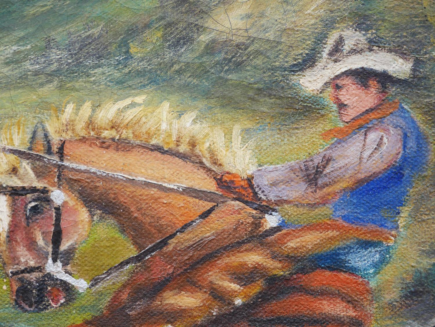 Paesaggio western realista in blu, verde e marrone con cowboy che montano un cavallo da tiro a segno in vendita 5