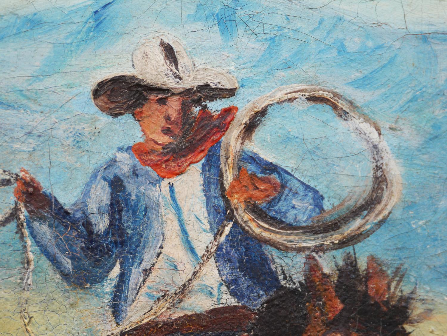 Paesaggio western realista in blu, verde e marrone con cowboy che montano un cavallo da tiro a segno in vendita 6