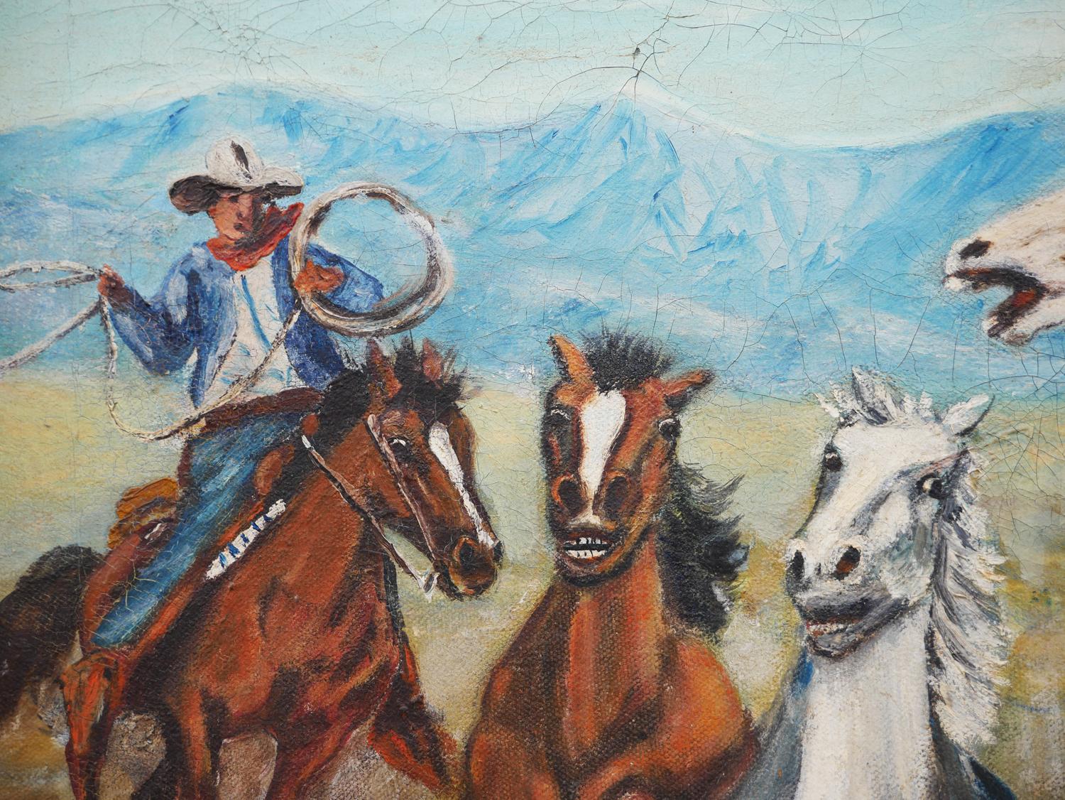 Paesaggio western realista in blu, verde e marrone con cowboy che montano un cavallo da tiro a segno in vendita 7