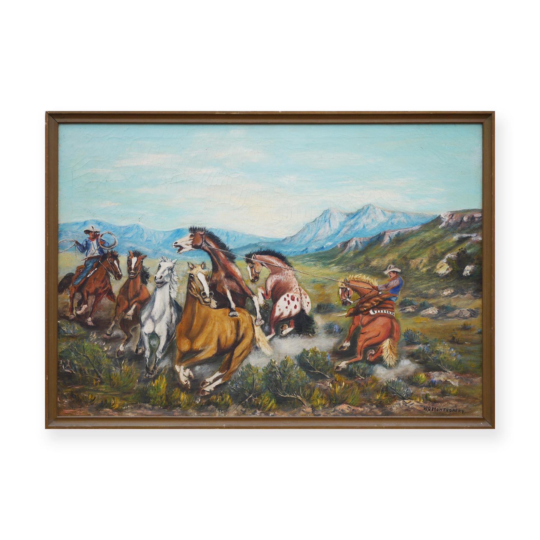 Paesaggio western realista in blu, verde e marrone con cowboy che montano un cavallo da tiro a segno - Painting di W.Q. Montgomery