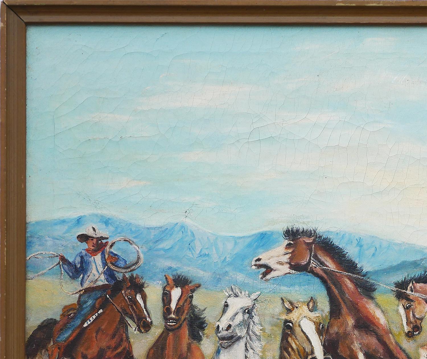 Paesaggio western realista in blu, verde e marrone con cowboy che montano un cavallo da tiro a segno - Painting Realismo americano di W.Q. Montgomery