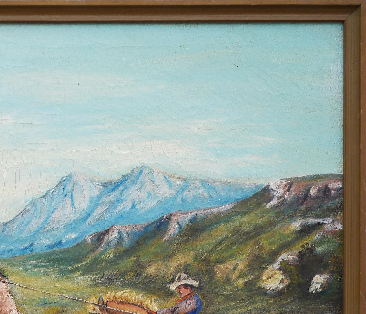 Paesaggio western realista in blu, verde e marrone con cowboy che montano un cavallo da tiro a segno - Landscape Painting Marrone di W.Q. Montgomery